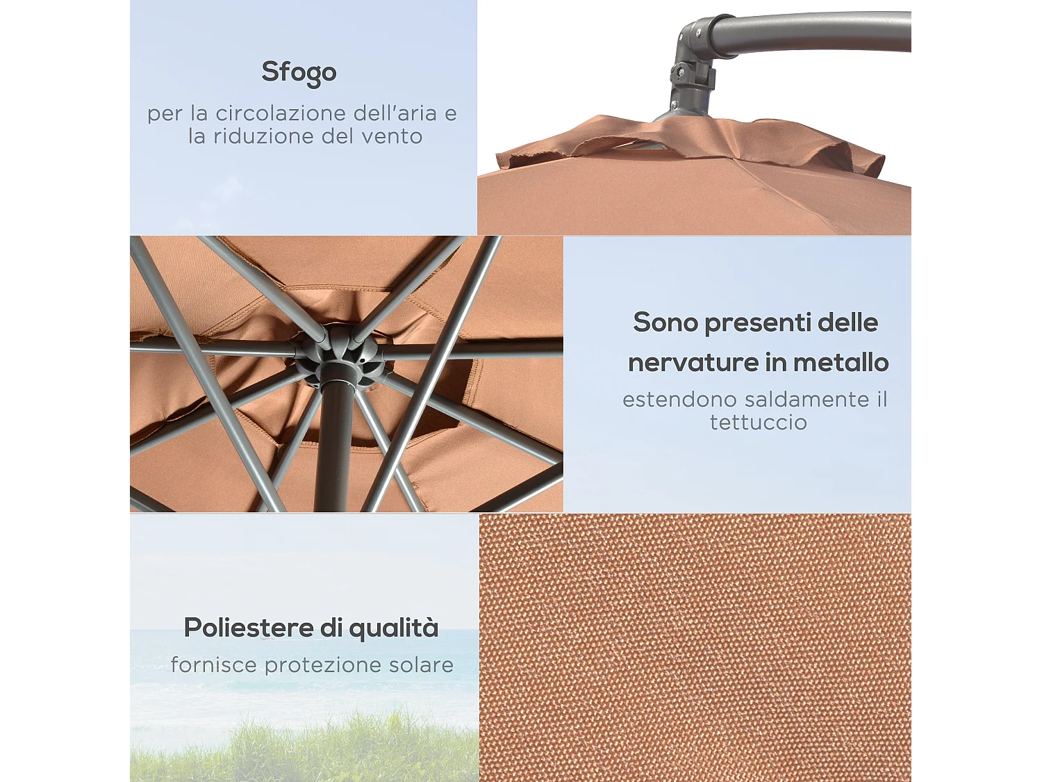 Ombrellone decentrato con manovella, base a croce e pesi color caffè