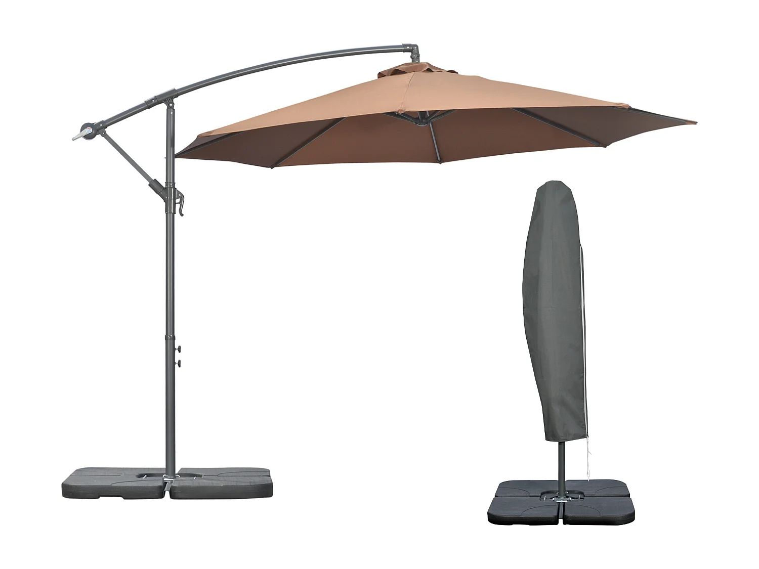 Ombrellone decentrato con manovella, base a croce e pesi color caffè