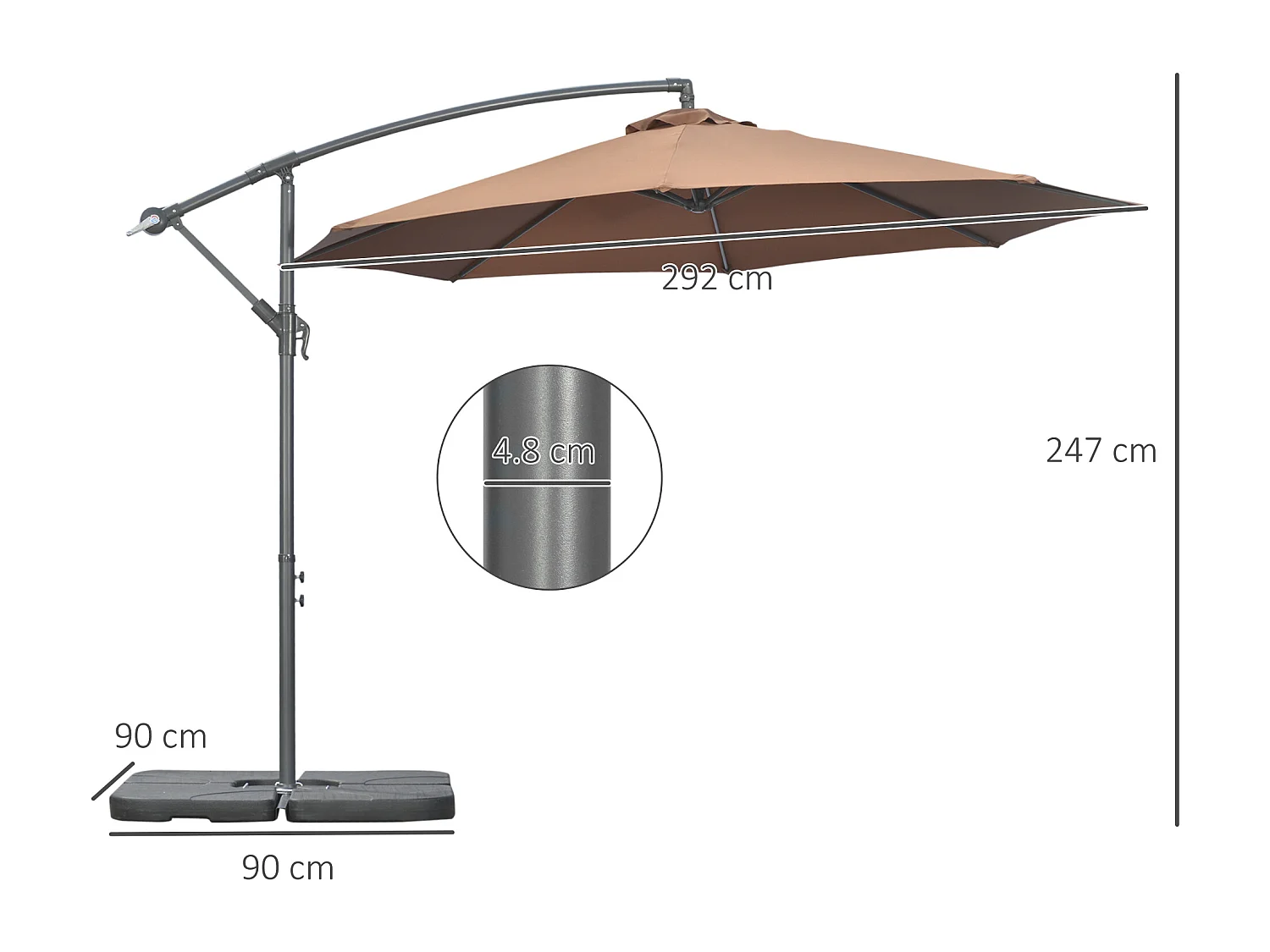 Ombrellone decentrato con manovella, base a croce e pesi color caffè