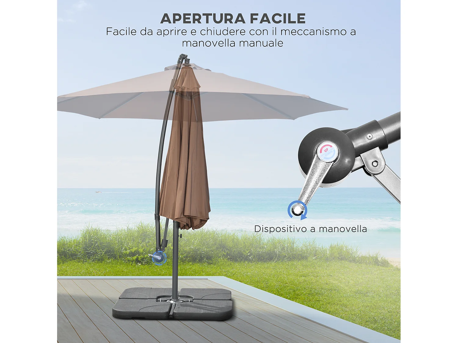 Ombrellone decentrato con manovella, base a croce e pesi color caffè
