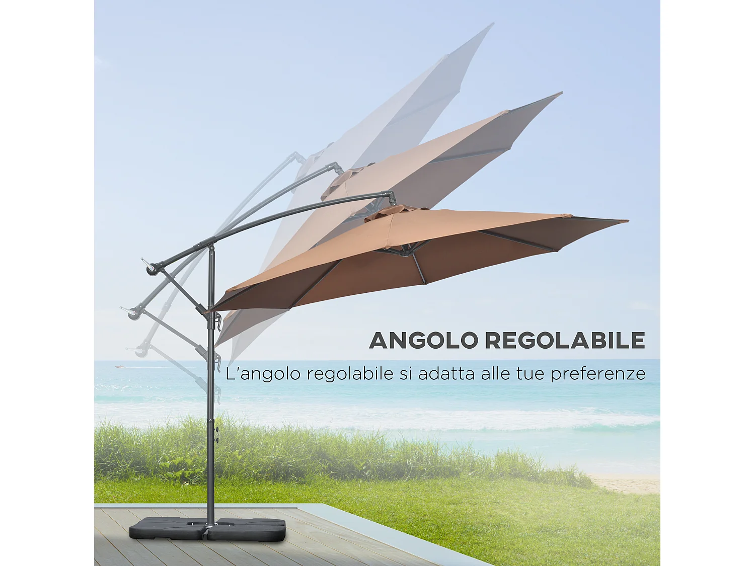 Ombrellone decentrato con manovella, base a croce e pesi color caffè