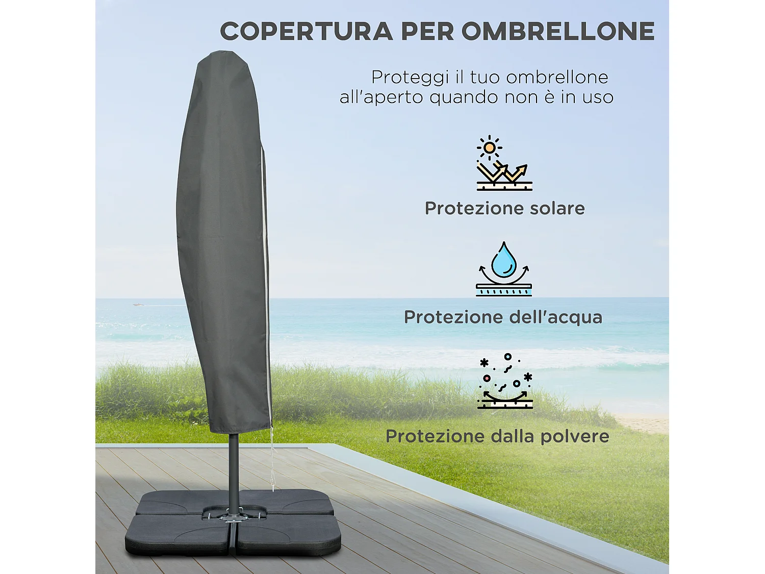 Ombrellone decentrato con manovella, base a croce e pesi color caffè