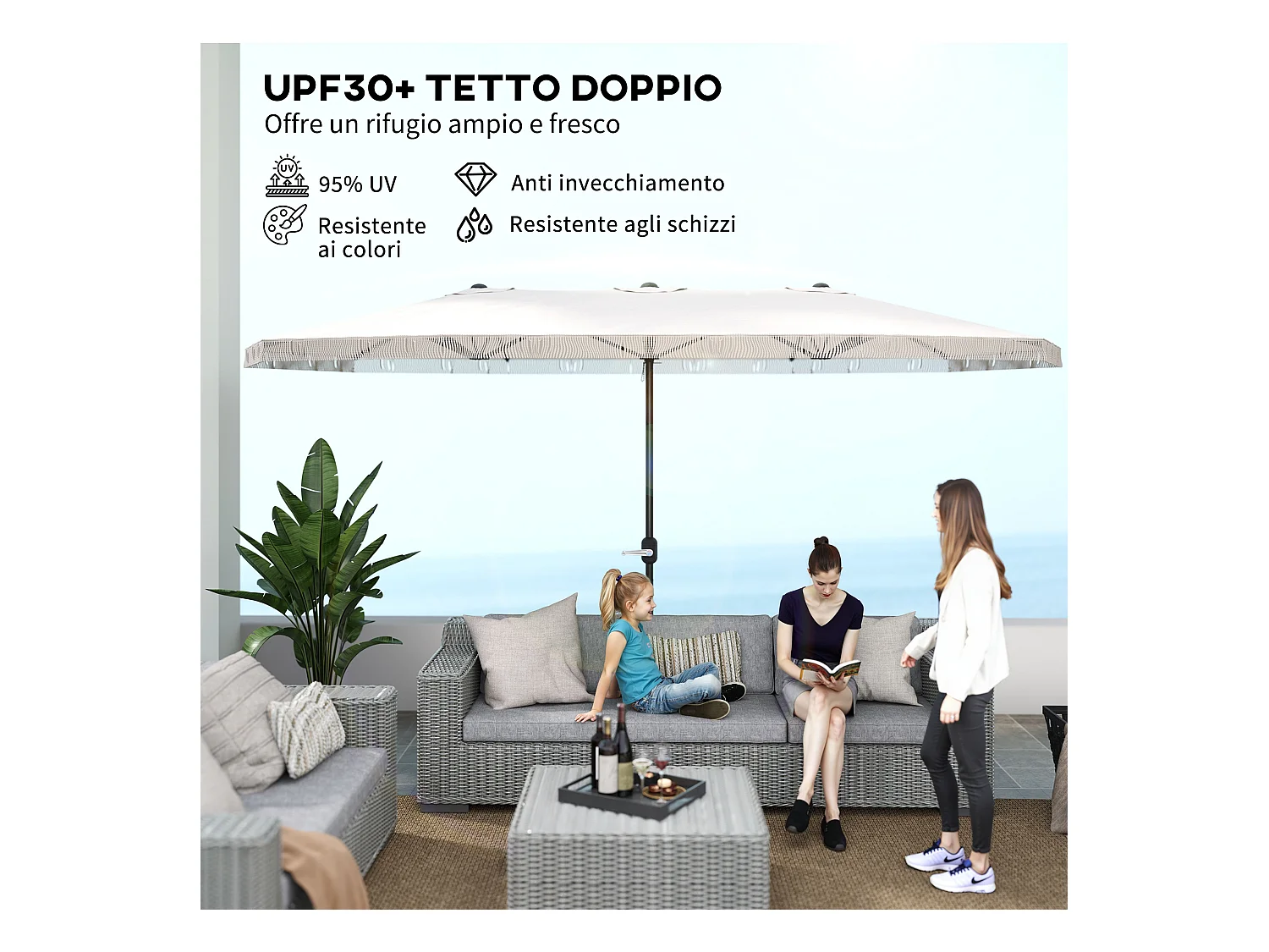 Ombrellone doppio a 12 stecche con manovella bianco crema