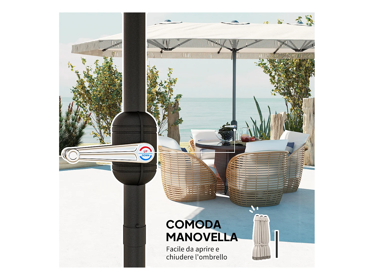 Ombrellone doppio a 12 stecche con manovella bianco crema