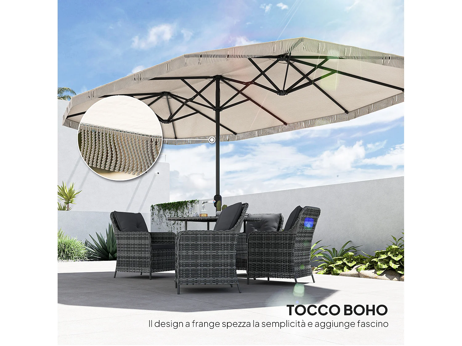 Ombrellone doppio a 12 stecche con manovella bianco crema