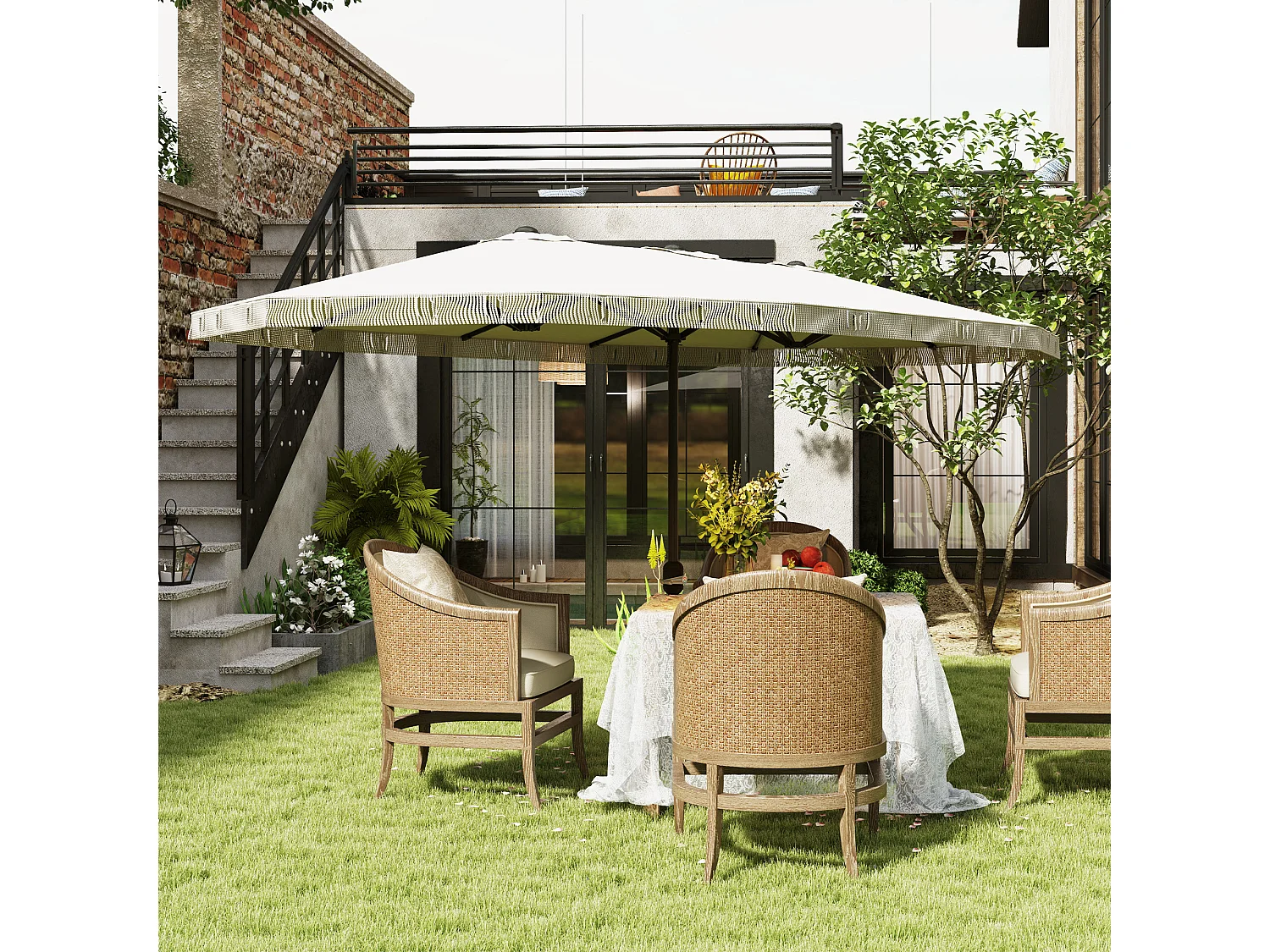 Ombrellone doppio a 12 stecche con manovella bianco crema