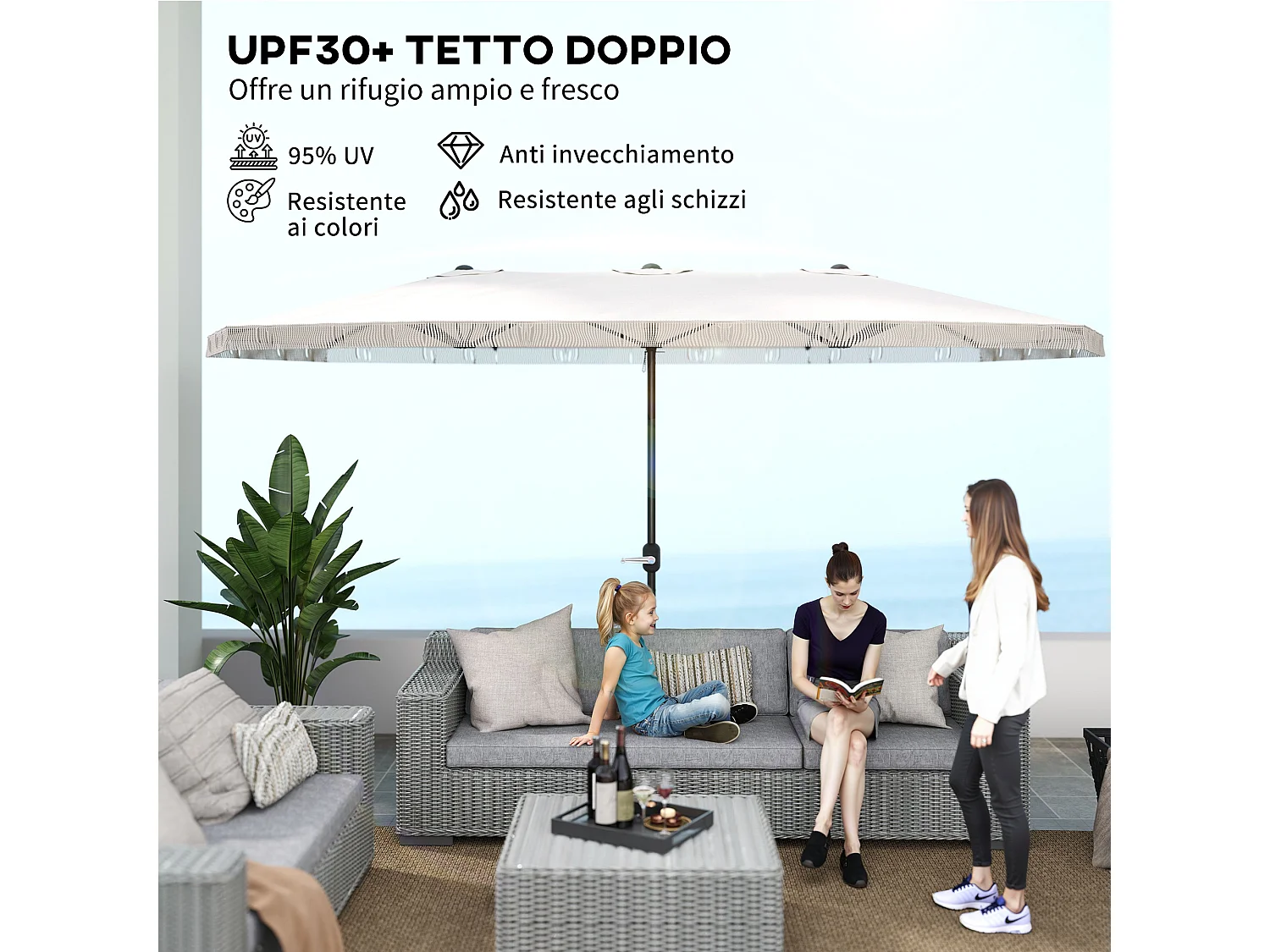 Ombrellone doppio a 12 stecche con manovella bianco crema