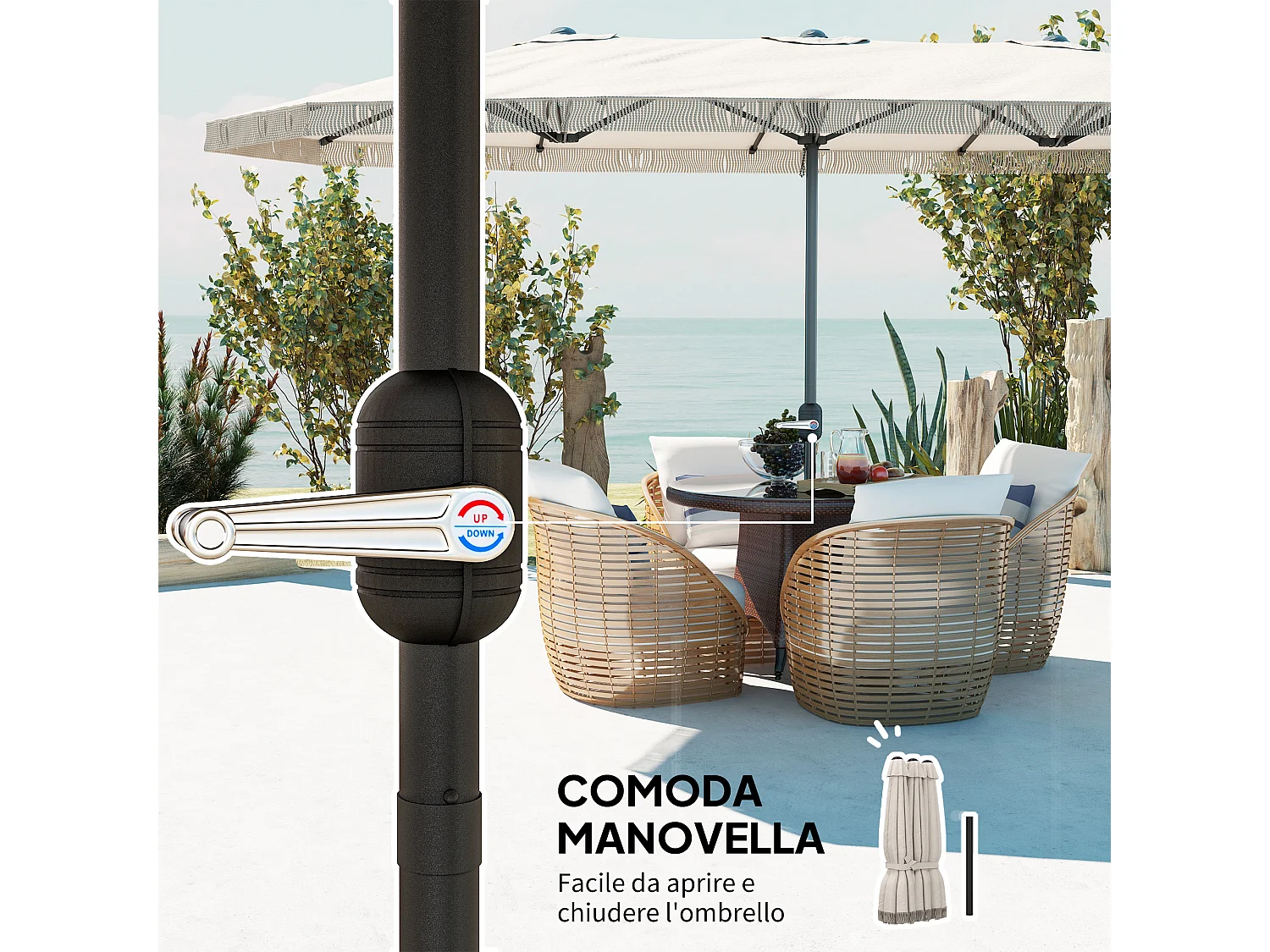 Ombrellone doppio a 12 stecche con manovella bianco crema