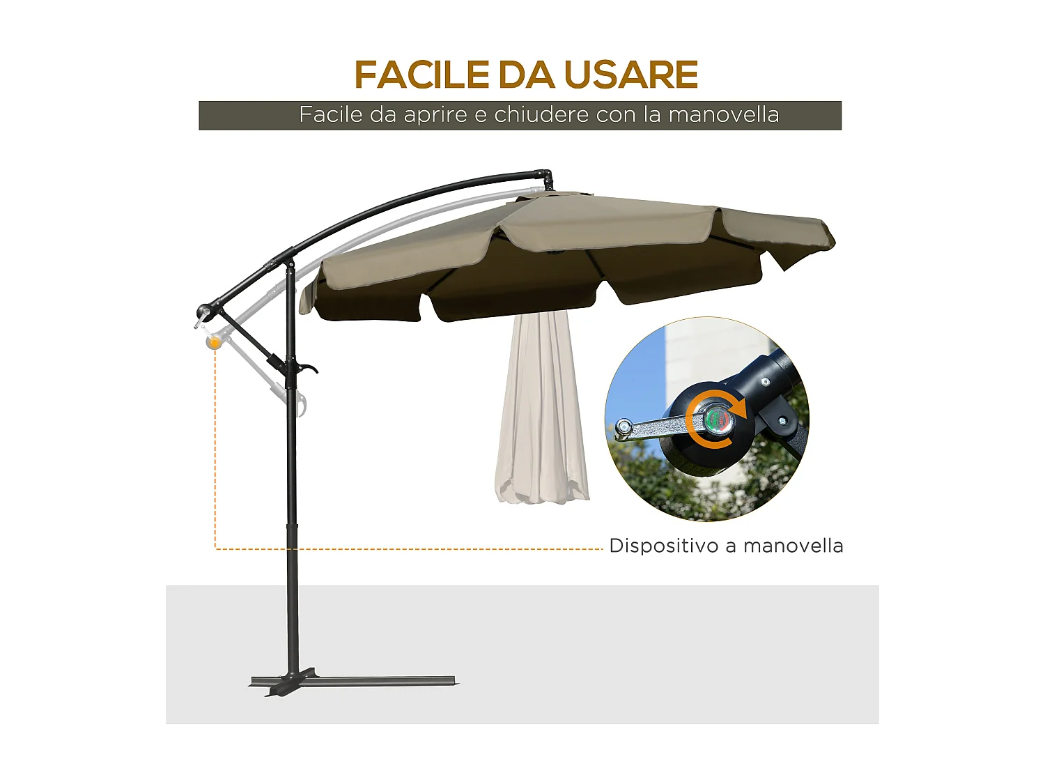 Ombrellone da giardino a braccio inclinabile con manovella caffè