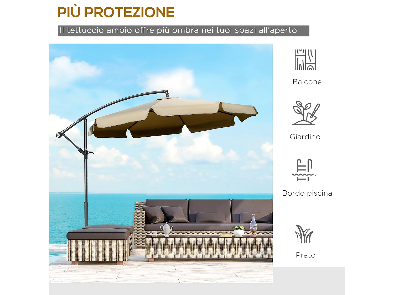 Ombrellone da giardino a braccio inclinabile con manovella caffè