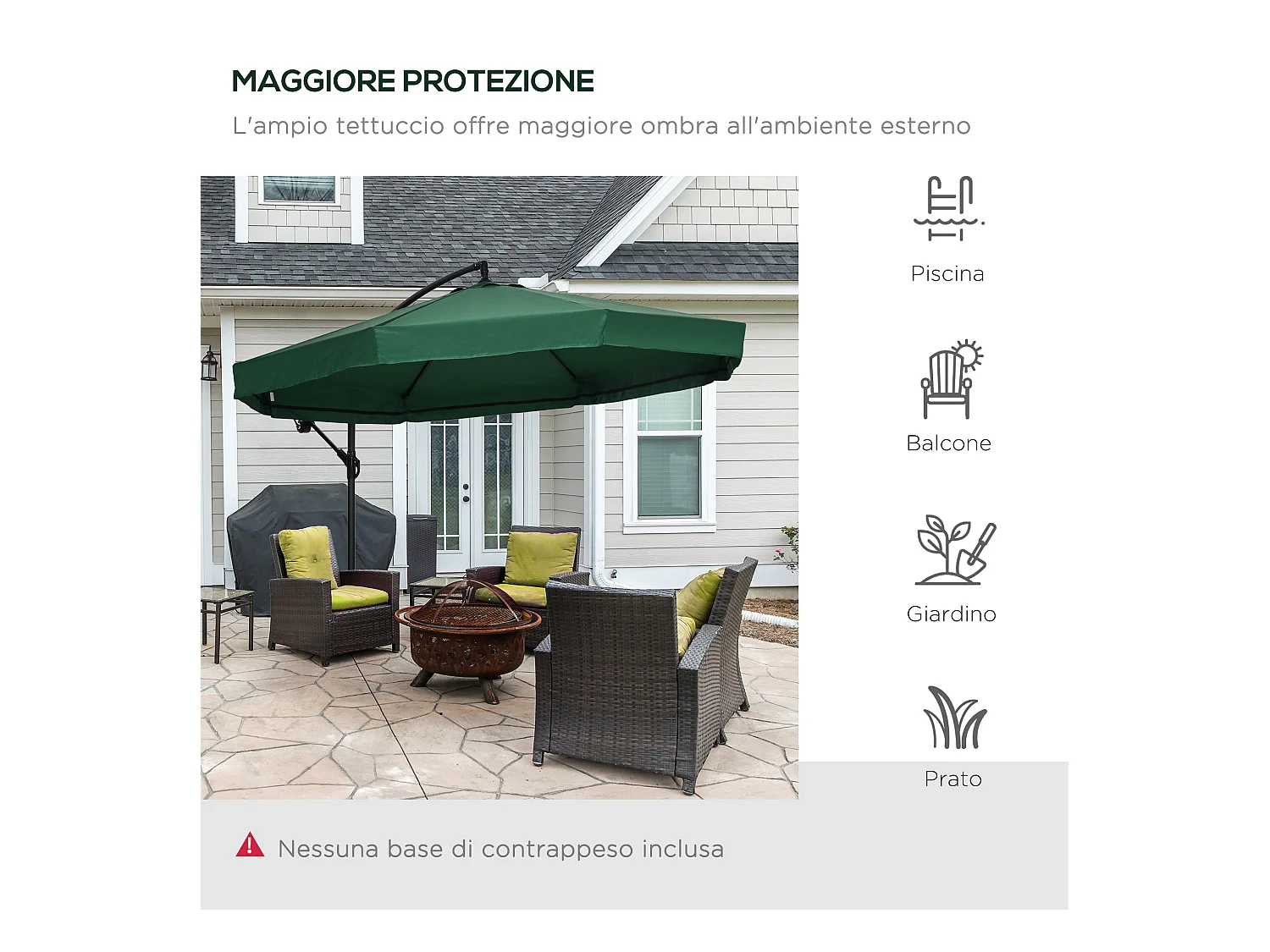 Ombrellone da giardino 3x3m con manovella e zanzariera verde