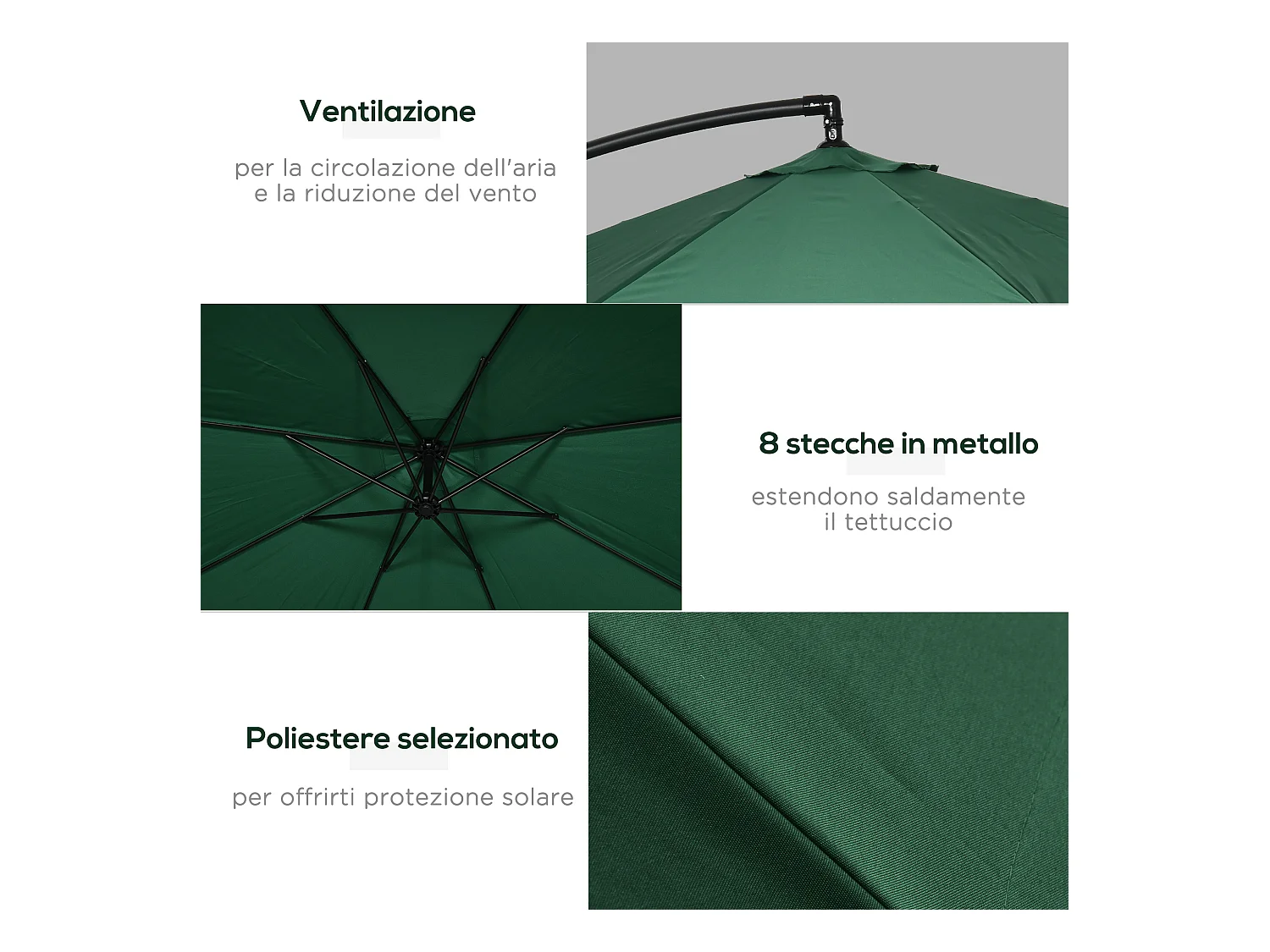 Ombrellone da giardino 3x3m con manovella e zanzariera verde