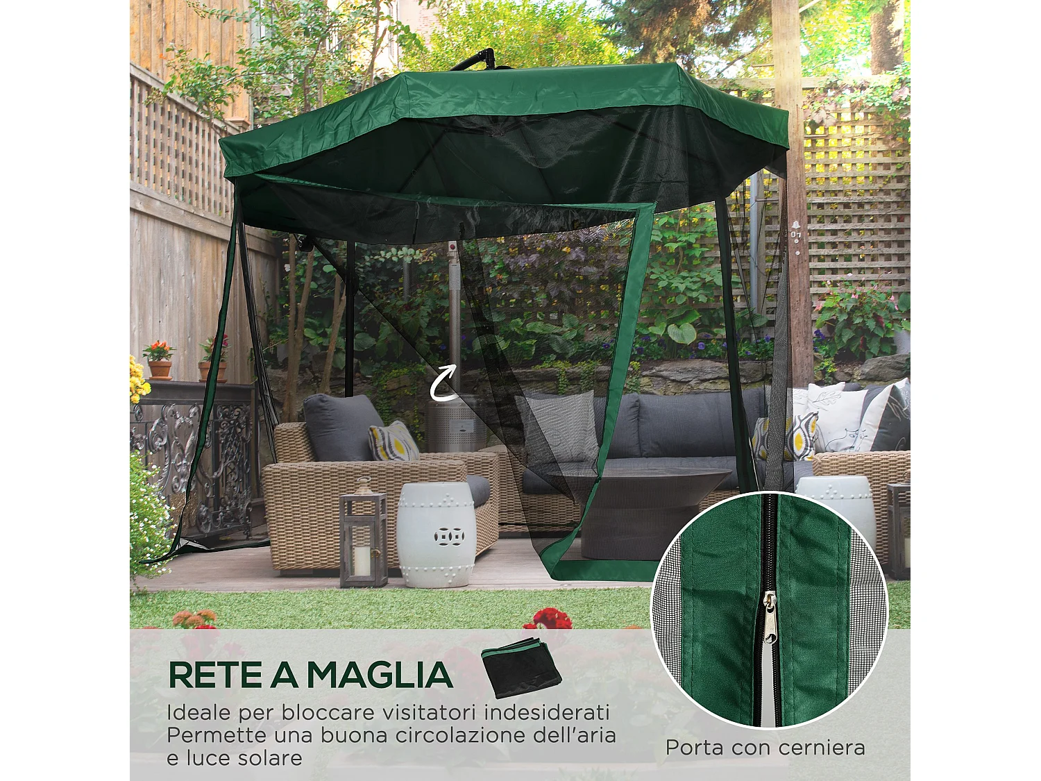 Ombrellone da giardino 3x3m con manovella e zanzariera verde