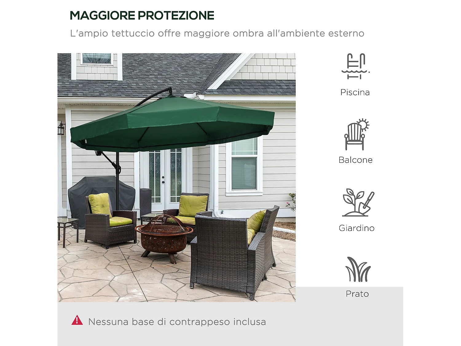 Ombrellone da giardino 3x3m con manovella e zanzariera verde