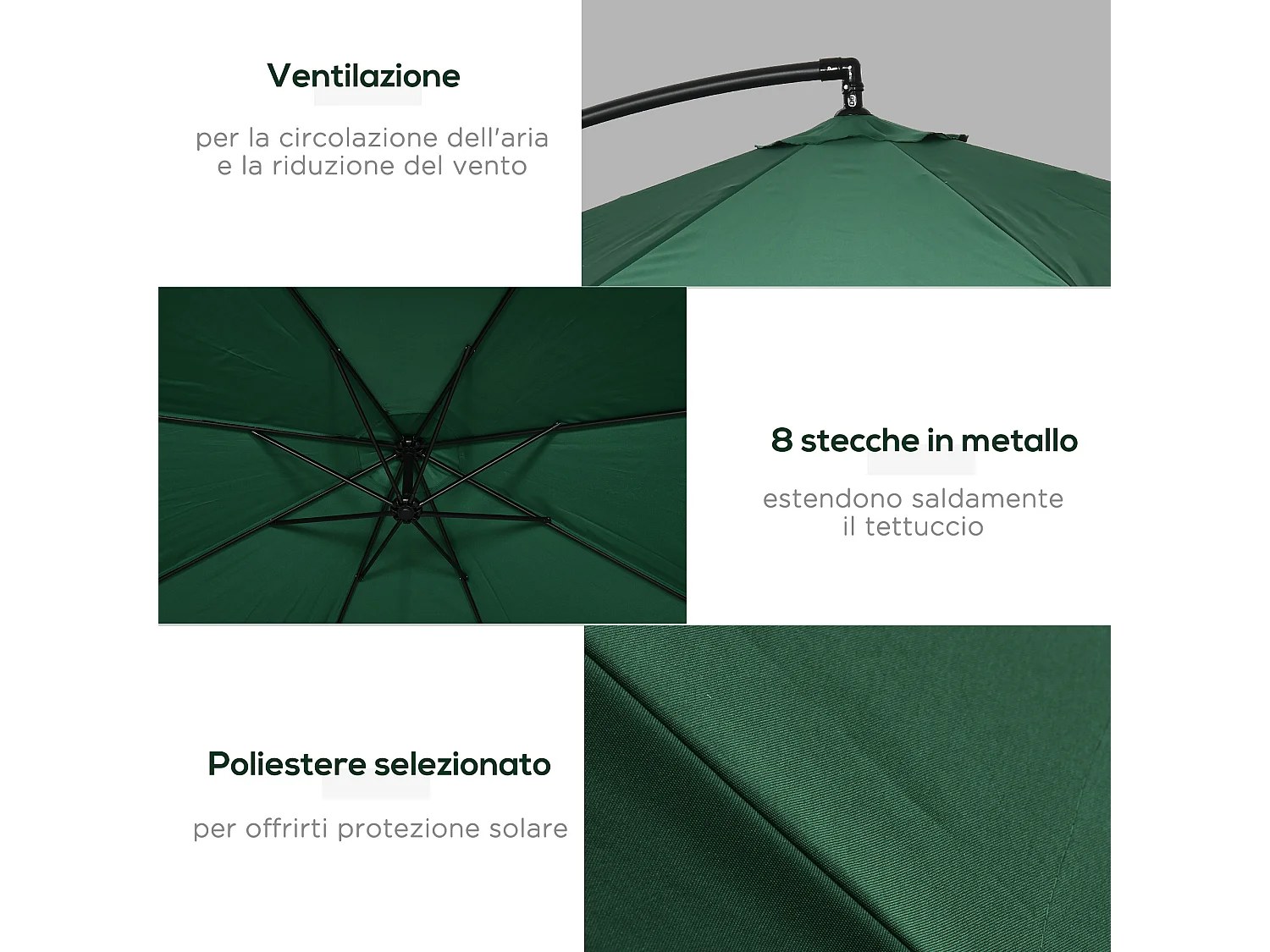 Ombrellone da giardino 3x3m con manovella e zanzariera verde