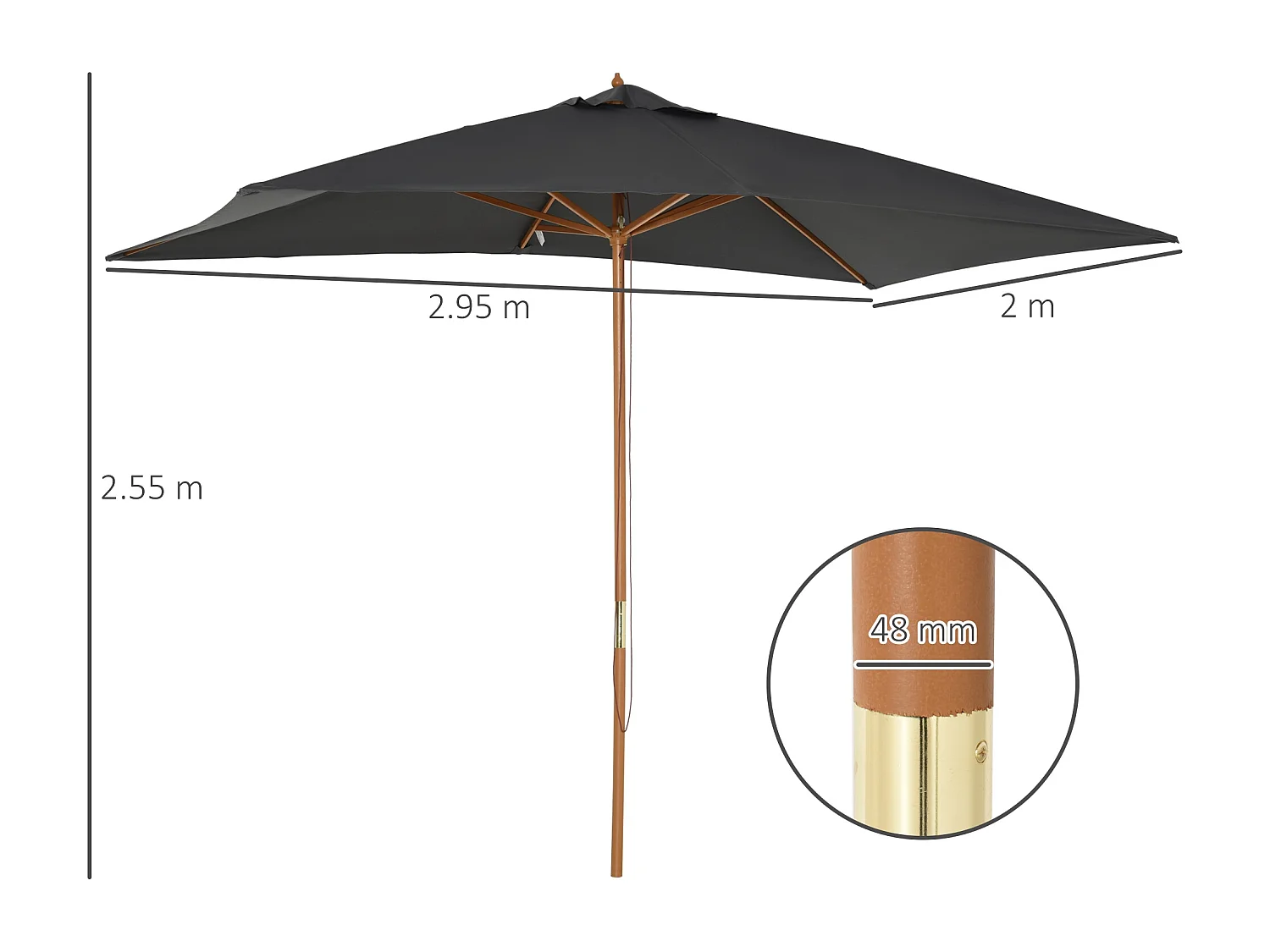 Ombrellone da giardino 2x3m in legno bambù e poliestere grigio scuro