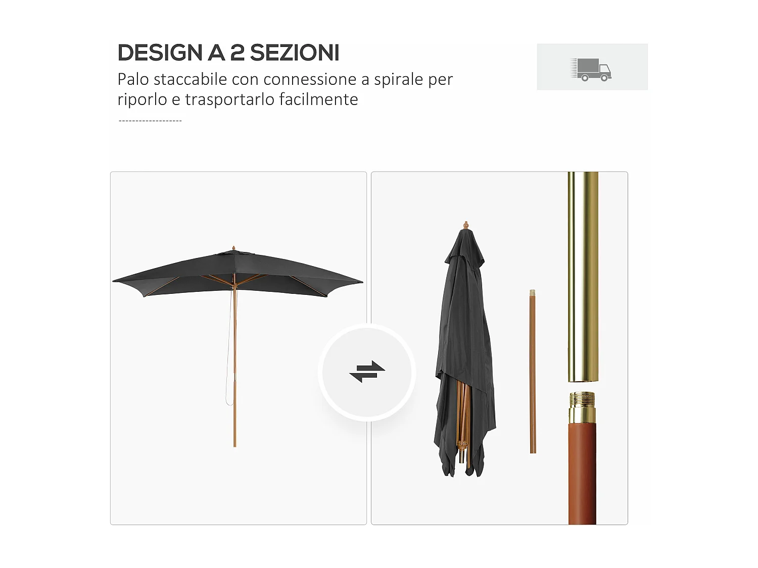 Ombrellone da giardino 2x3m in legno bambù e poliestere grigio scuro