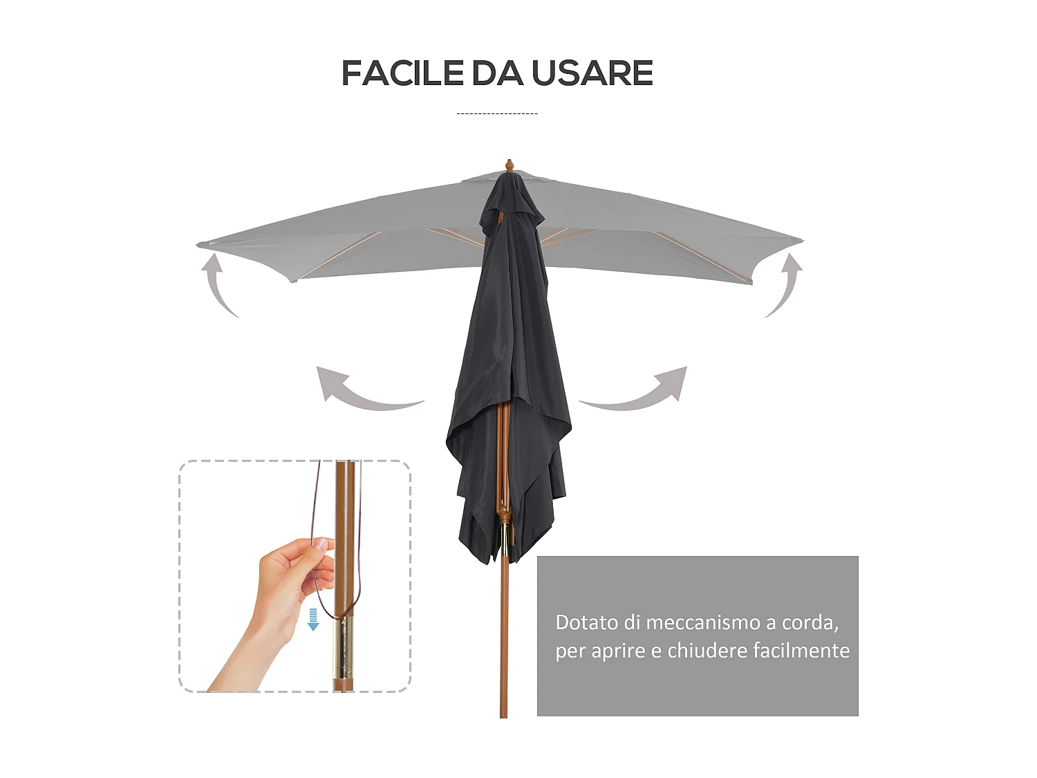 Ombrellone da giardino 2x3m in legno bambù e poliestere grigio scuro