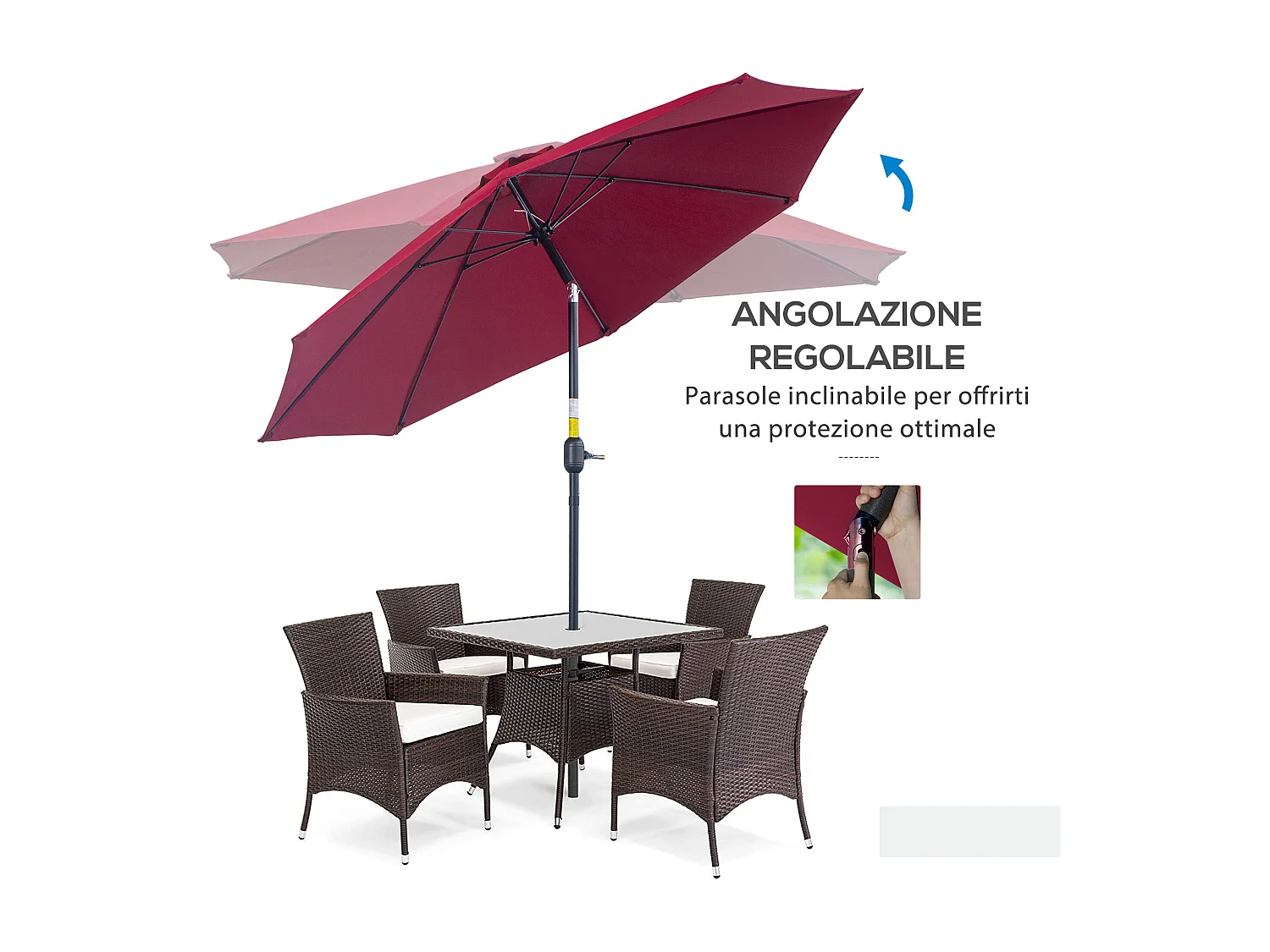 Ombrellone rotondo e regolabile su 3 angolazioni rosso vino e nero