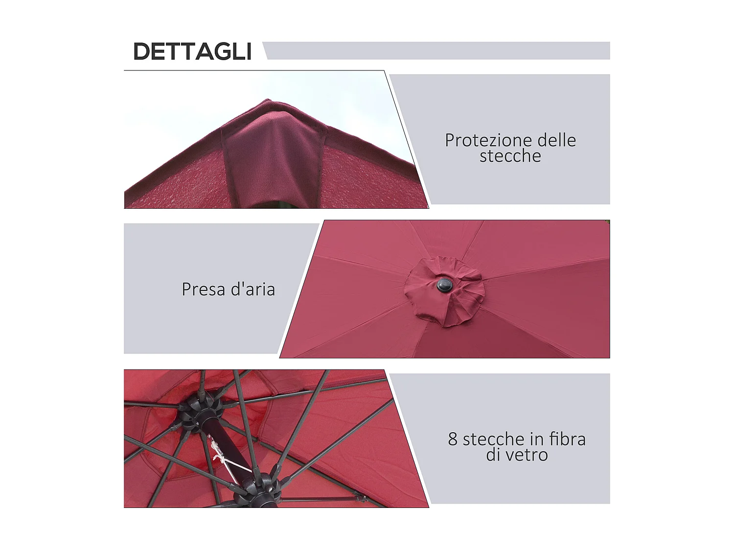 Ombrellone rotondo e regolabile su 3 angolazioni rosso vino e nero