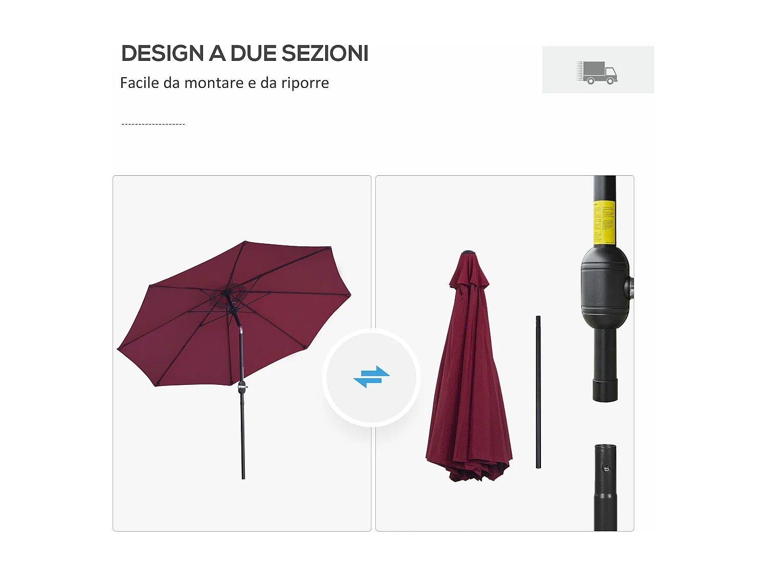 Ombrellone rotondo e regolabile su 3 angolazioni rosso vino e nero