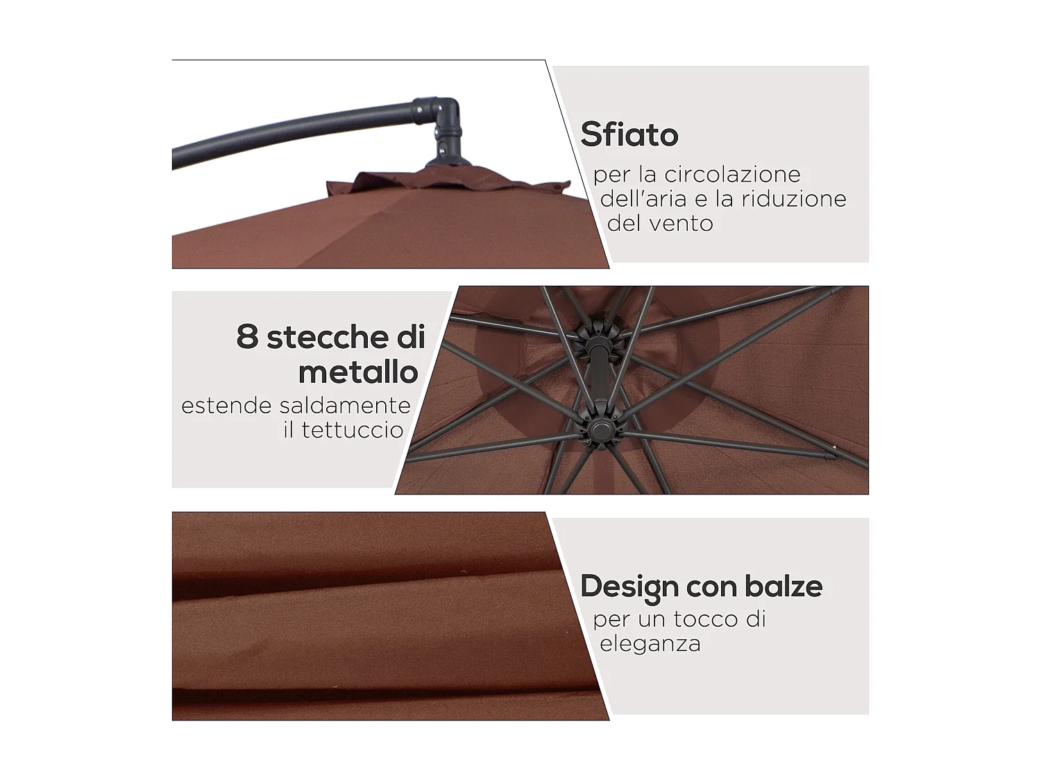 Ombrellone da giardino a braccio inclinabile 3x2.5 m marrone