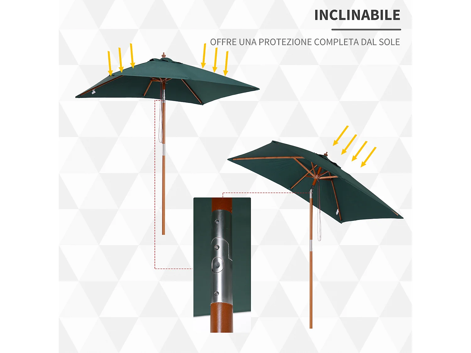 Ombrellone da giardino 2x1.5 m a 6 stecche con palo in legno