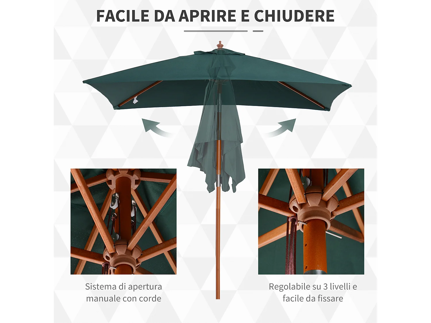 Ombrellone da giardino 2x1.5 m a 6 stecche con palo in legno