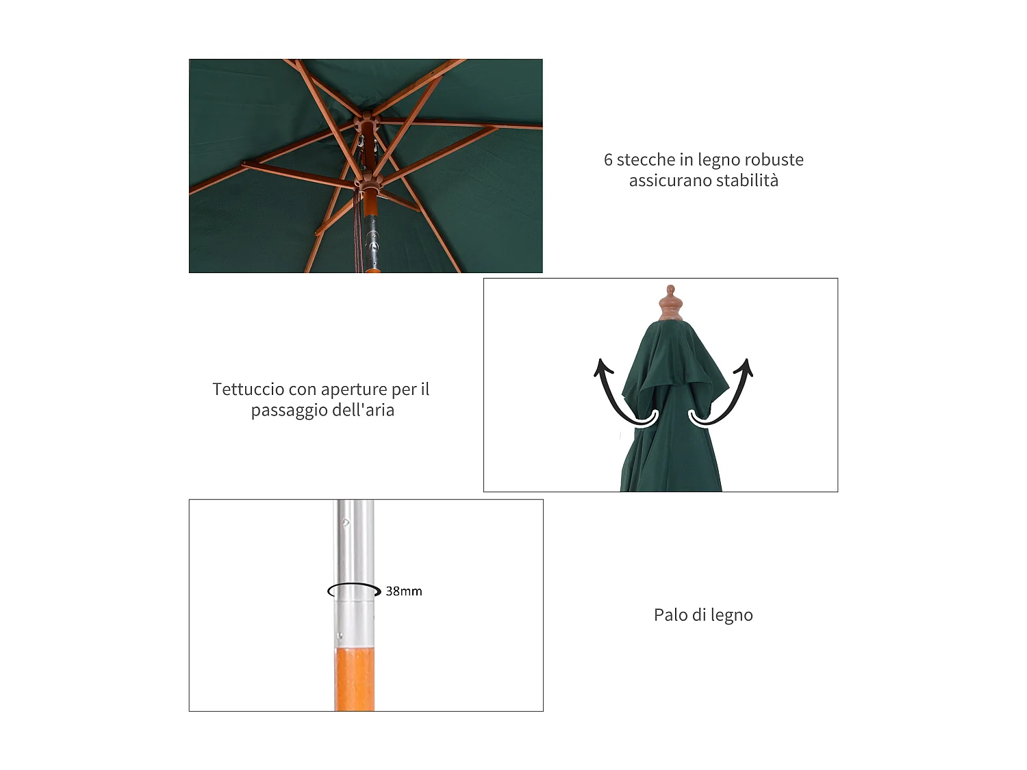 Ombrellone da giardino 2x1.5 m a 6 stecche con palo in legno