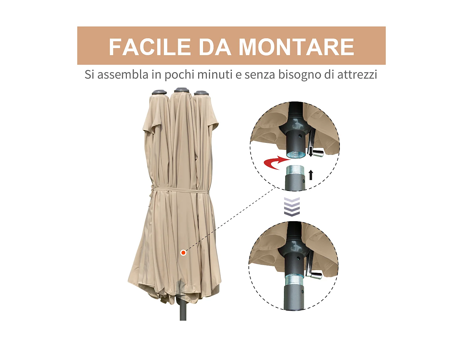 Ombrellone da giardino doppio khaki con apertura a manovella