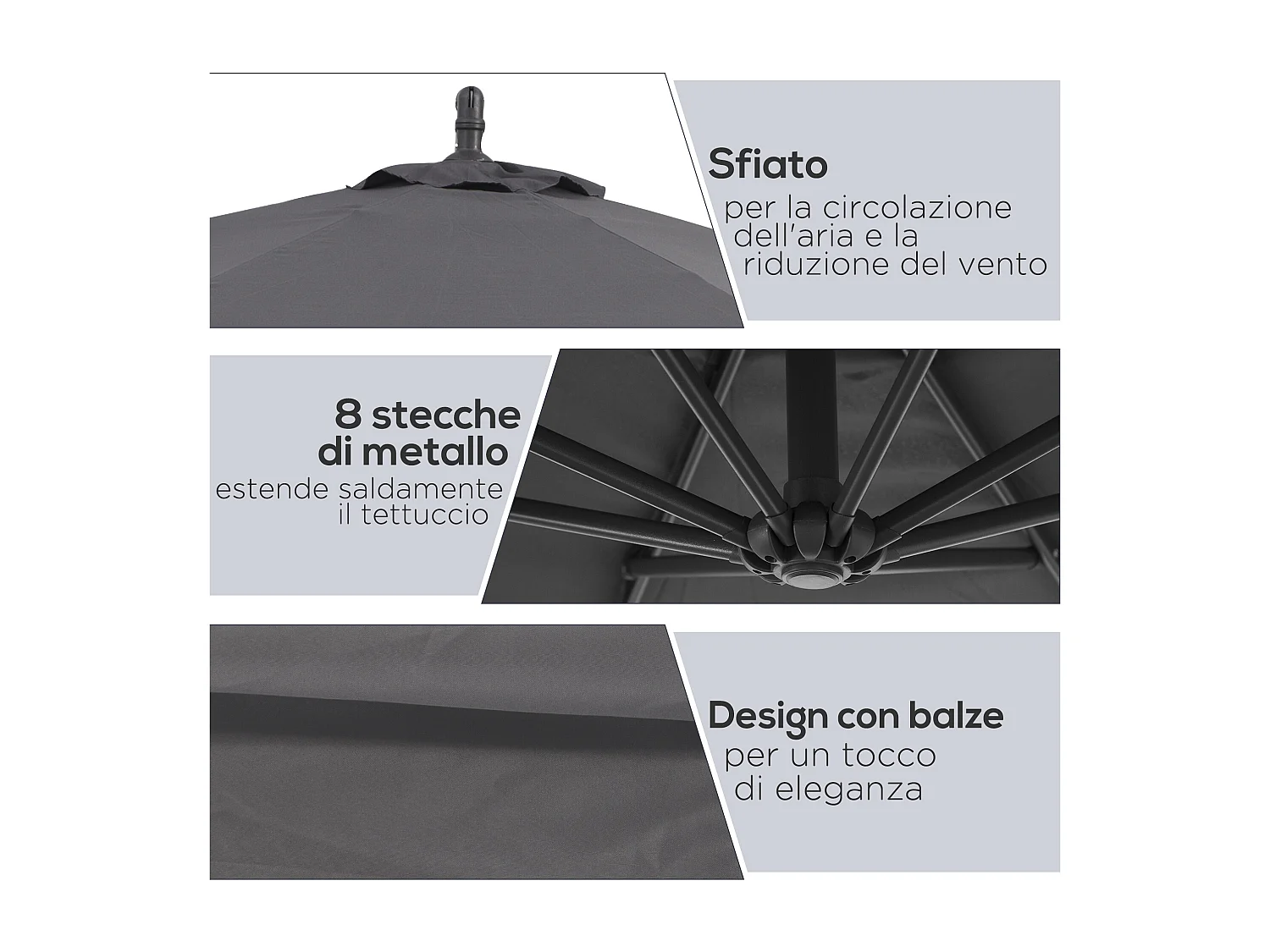 Ombrellone da giardino a braccio inclinabile 3x2.5 m grigio