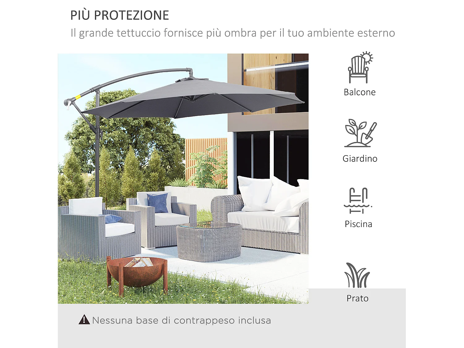 Ombrellone da giardino a braccio inclinabile 3x2.5 m grigio