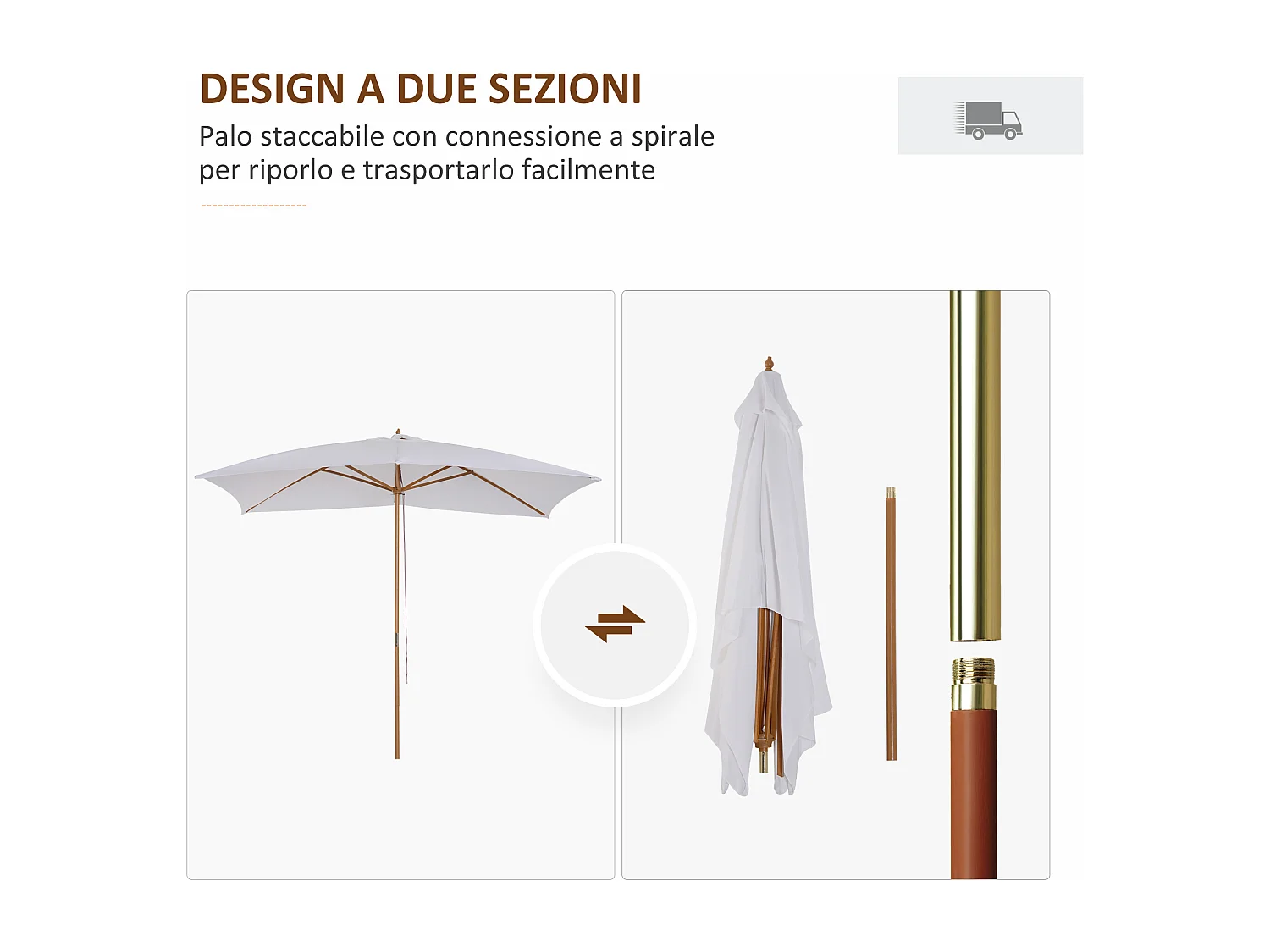 Ombrellone da giardino 2x3m in legno e poliestere bianco