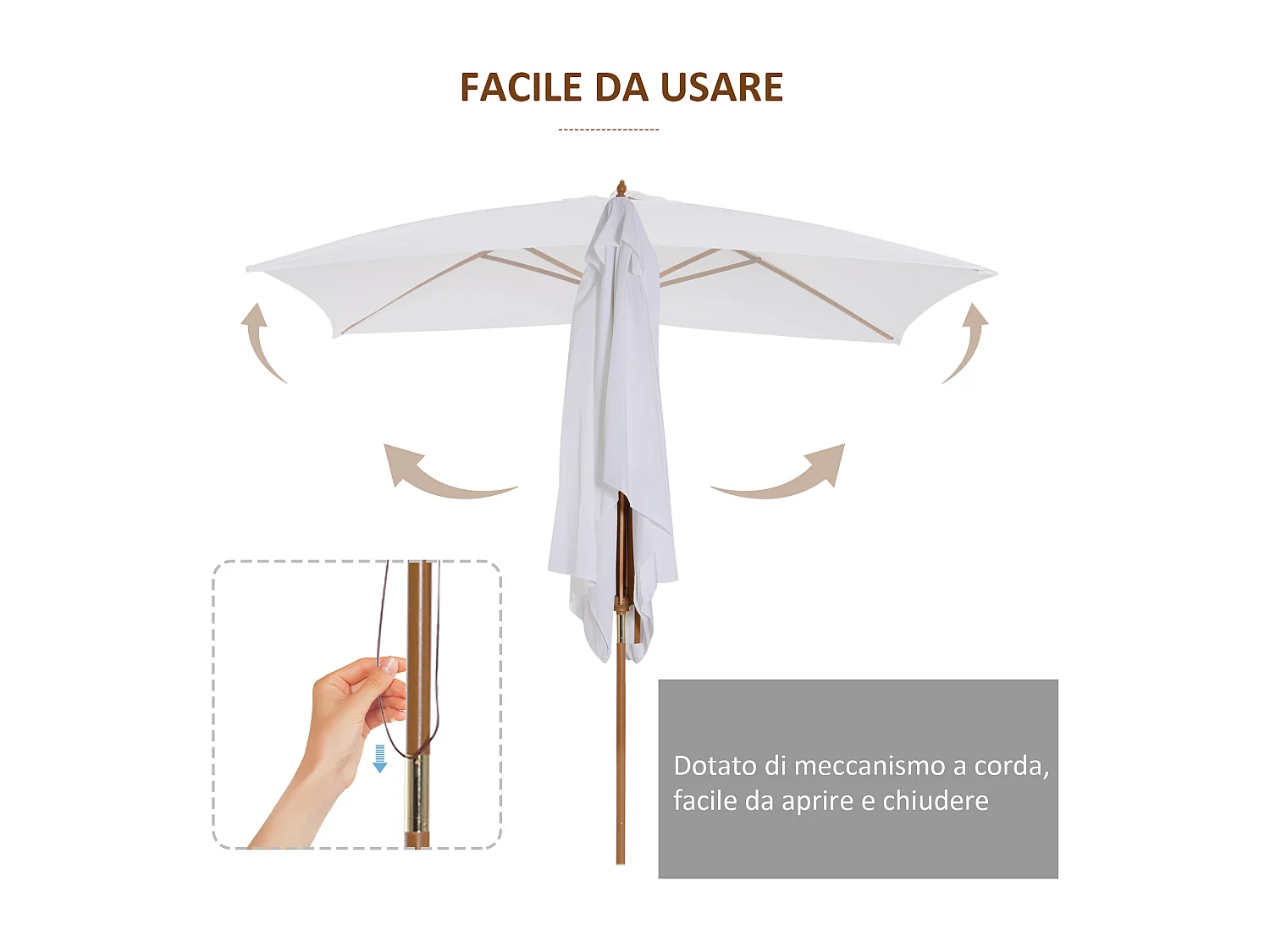 Ombrellone da giardino 2x3m in legno e poliestere bianco