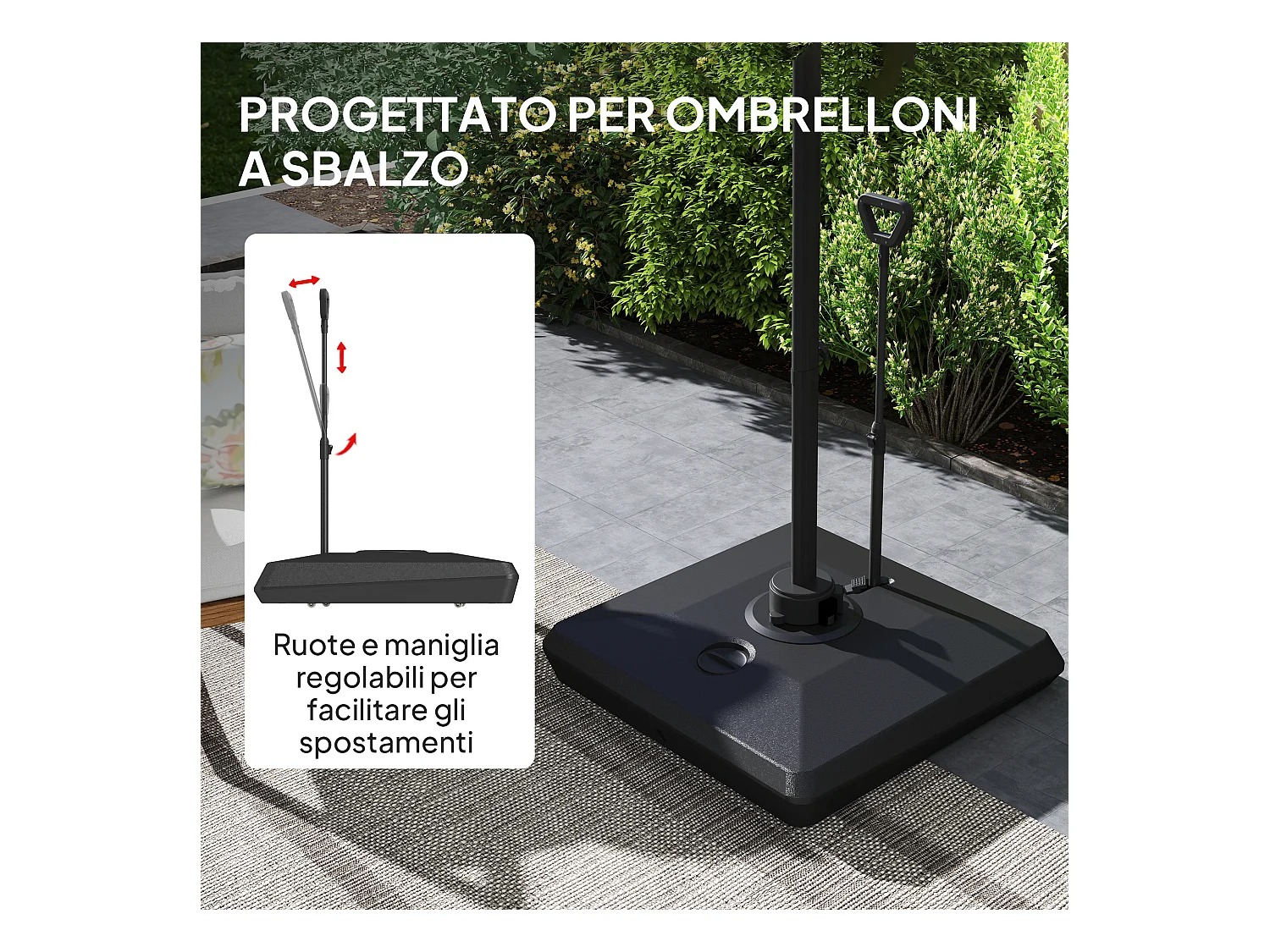 Base per ombrellone a sbalzo in hdpe con rotelle e maniglia nero