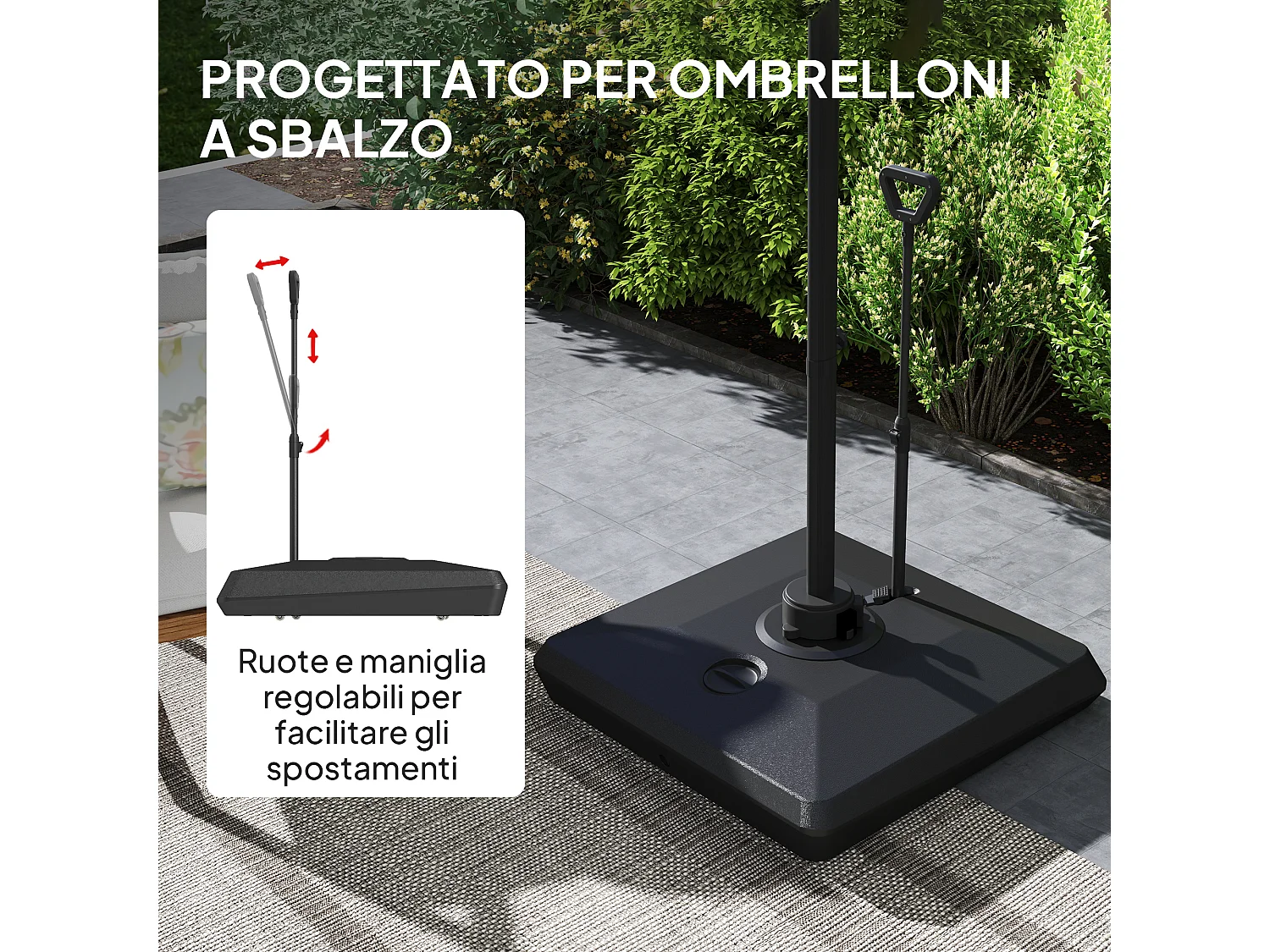 Base per ombrellone a sbalzo in hdpe con rotelle e maniglia nero