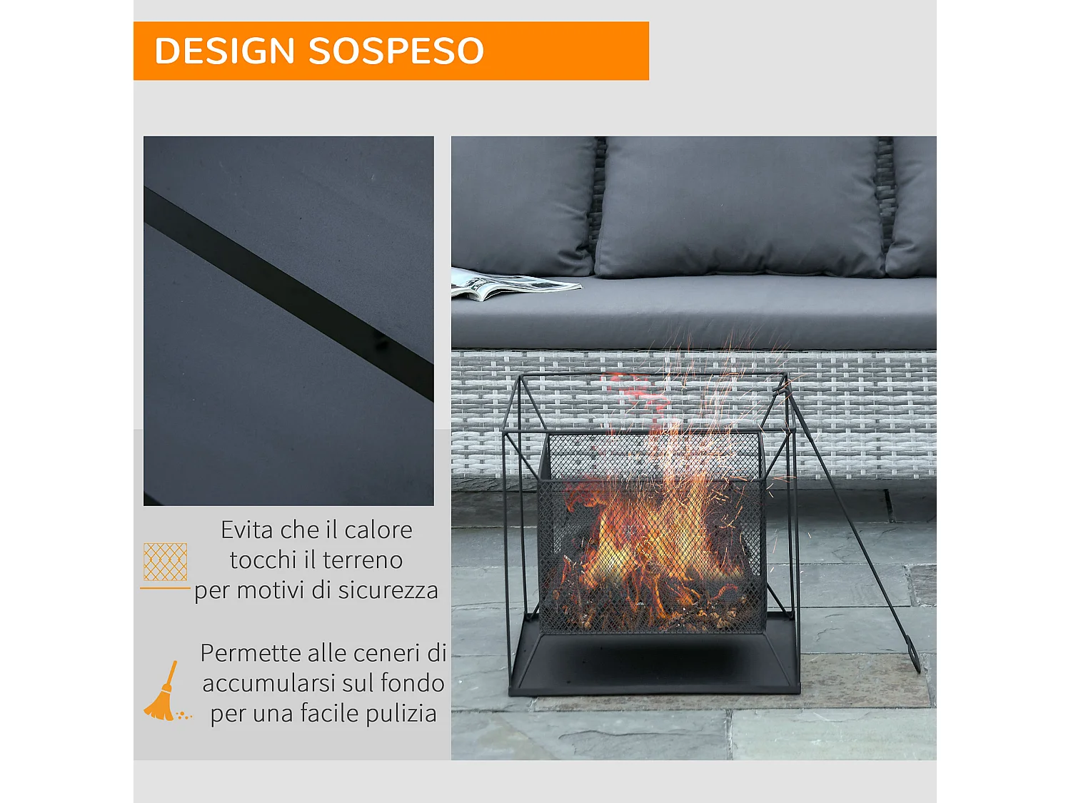 Braciere da giardino a legna con attizzatoio 45x45x43cm