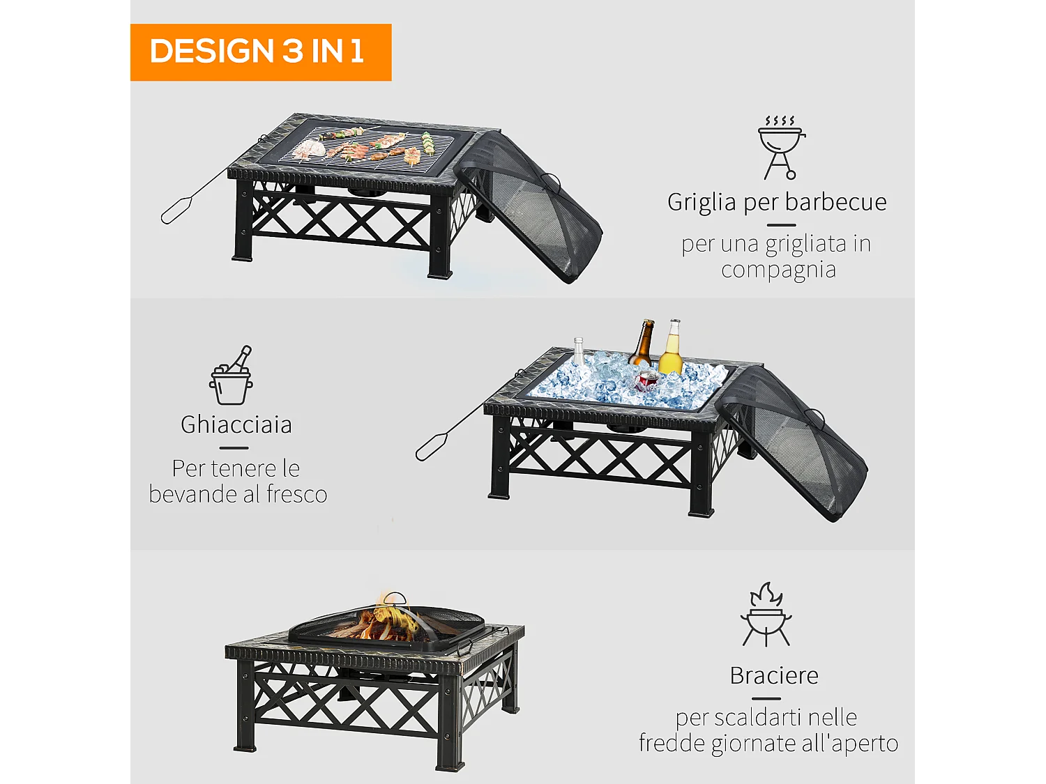 Braciere da giardino con coperchio parascintille griglia metallo nero