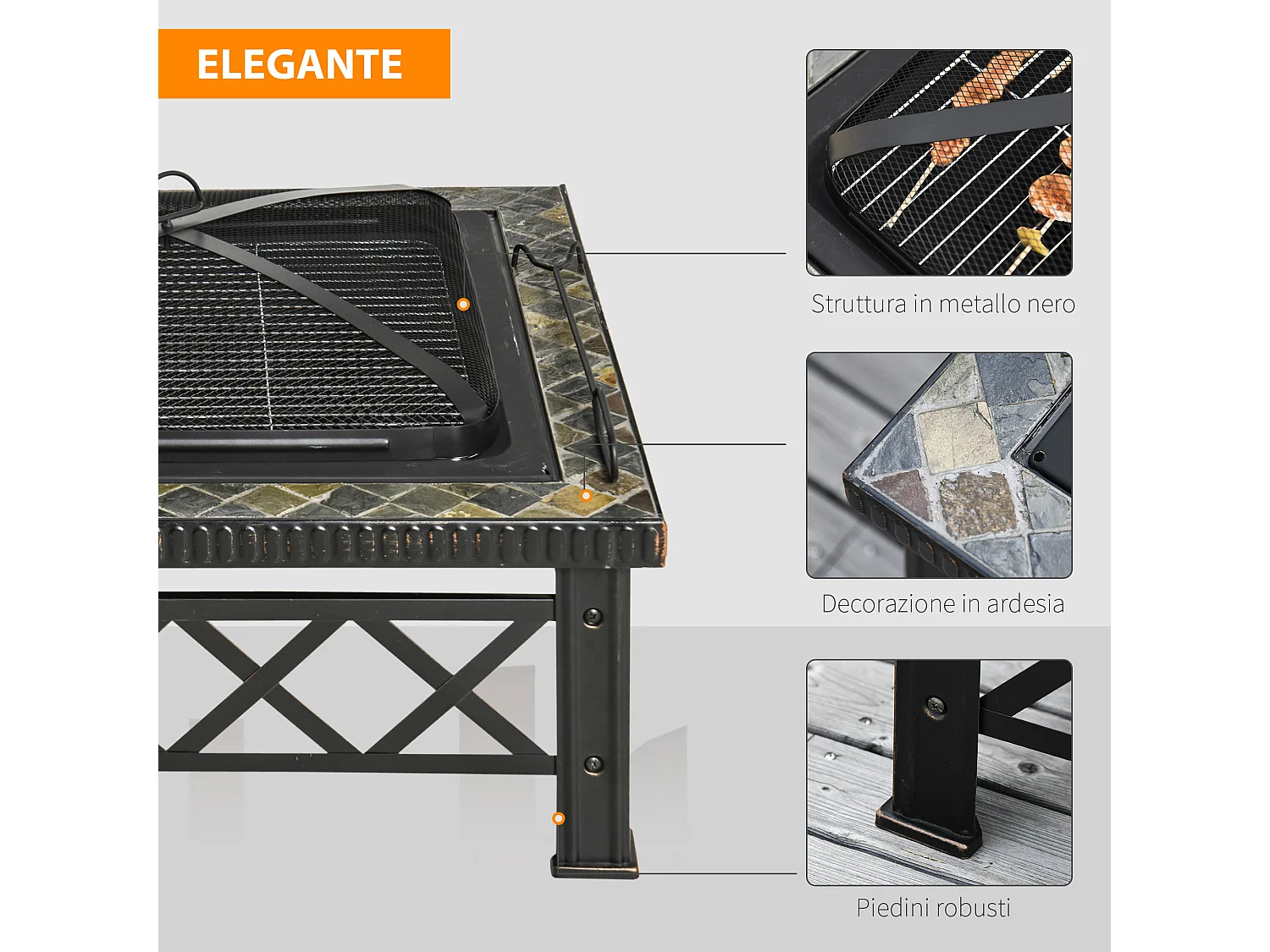 Braciere da giardino con coperchio parascintille griglia metallo nero