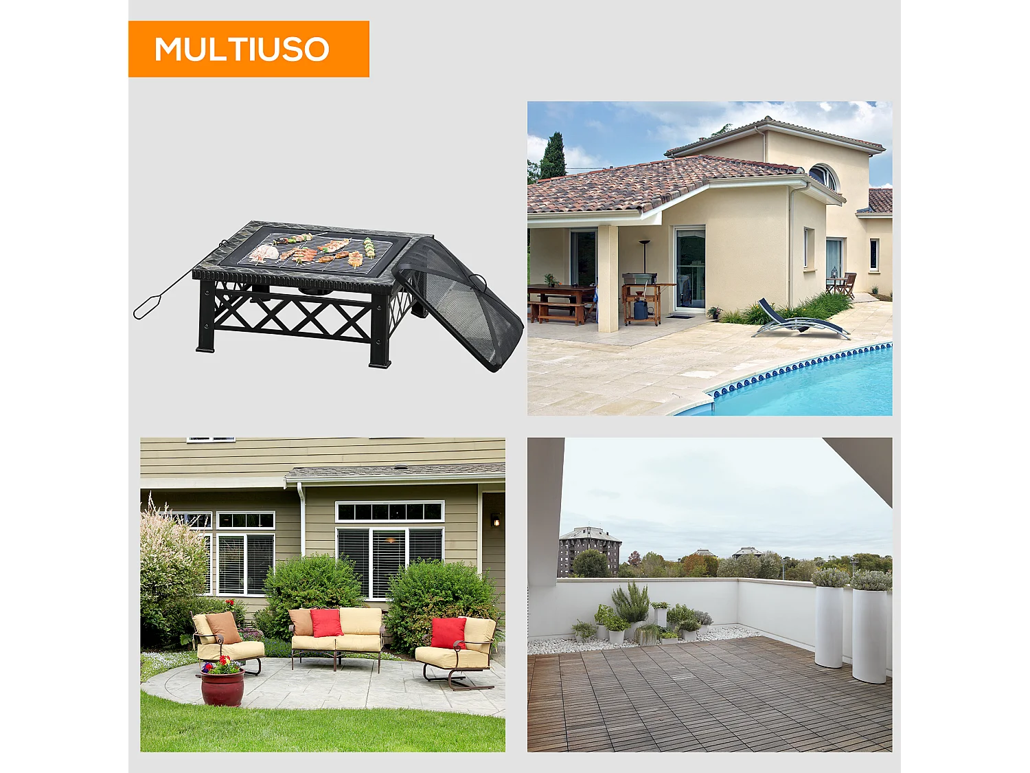 Braciere da giardino con coperchio parascintille griglia metallo nero