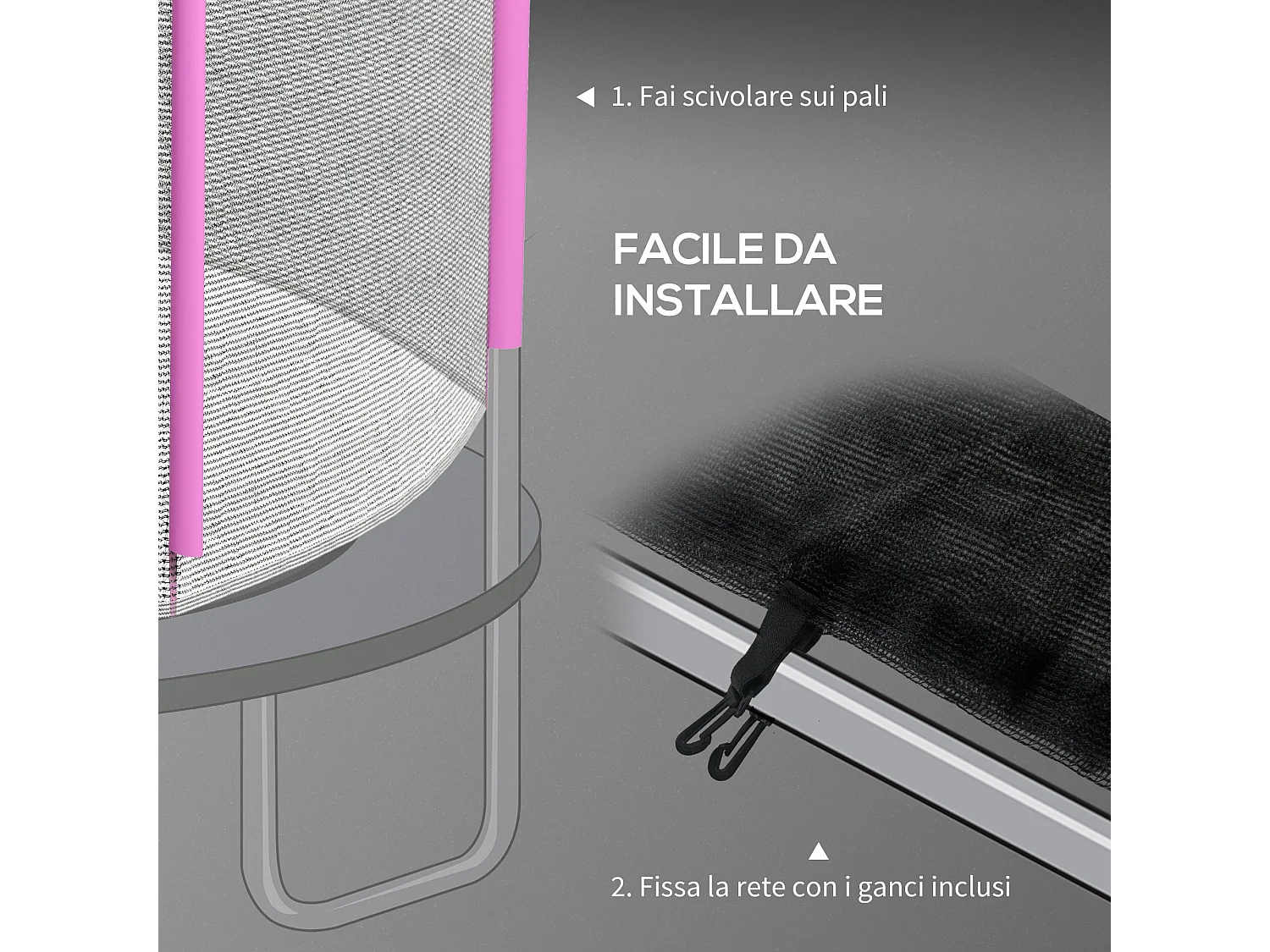 Rete di protezione trampolini a 6 pali in pe nero e rosa