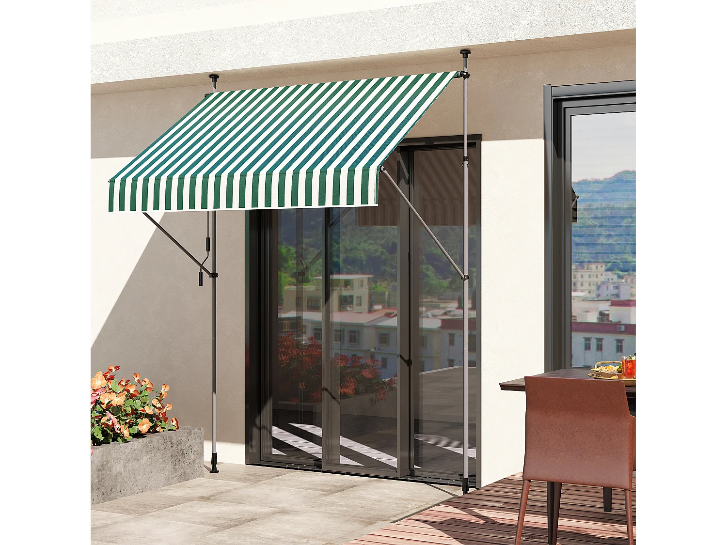 Tenda da sole con supporti regolabili e manovella verde e bianco