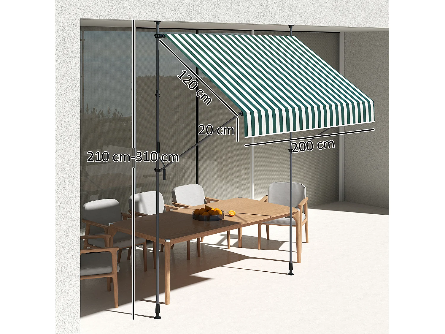 Tenda da sole con supporti regolabili e manovella verde e bianco