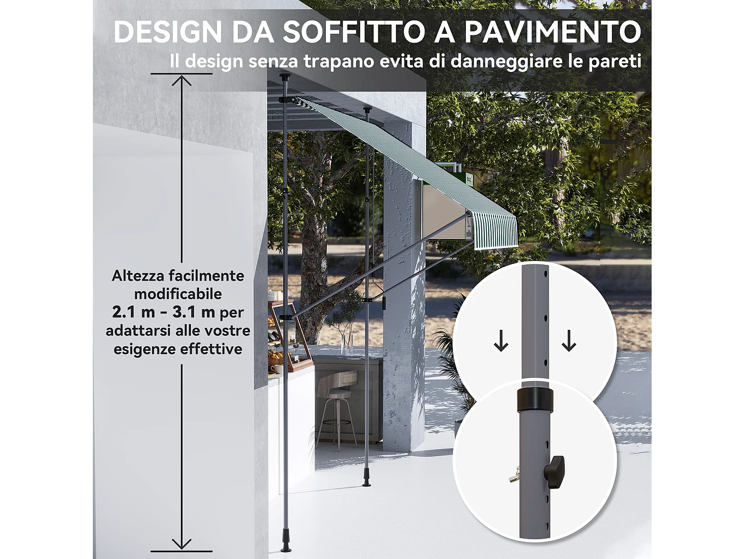 Tenda da sole con supporti regolabili e manovella verde e bianco
