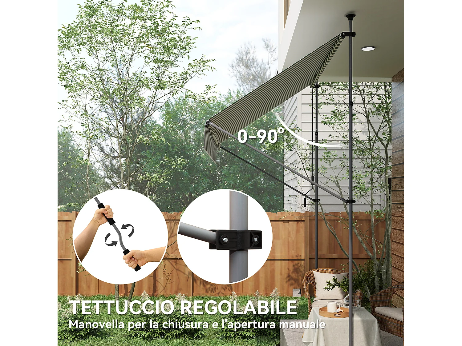 Tenda da sole con supporti regolabili e manovella verde e bianco