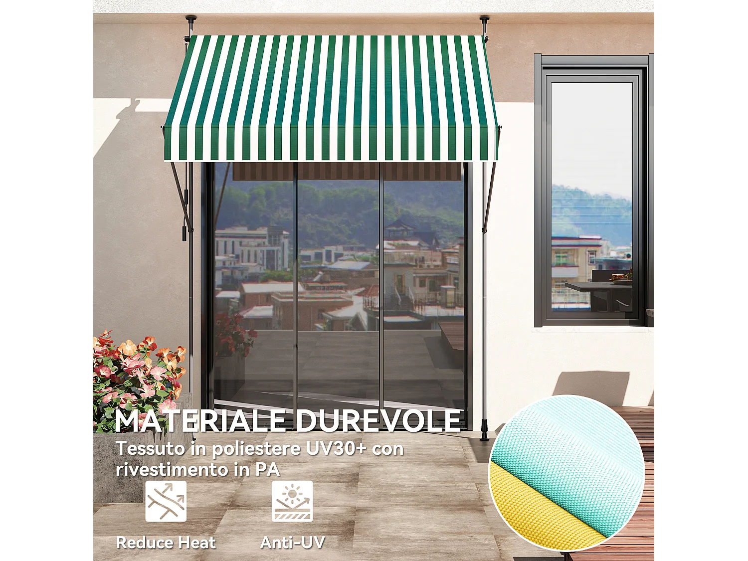 Tenda da sole con supporti regolabili e manovella verde e bianco