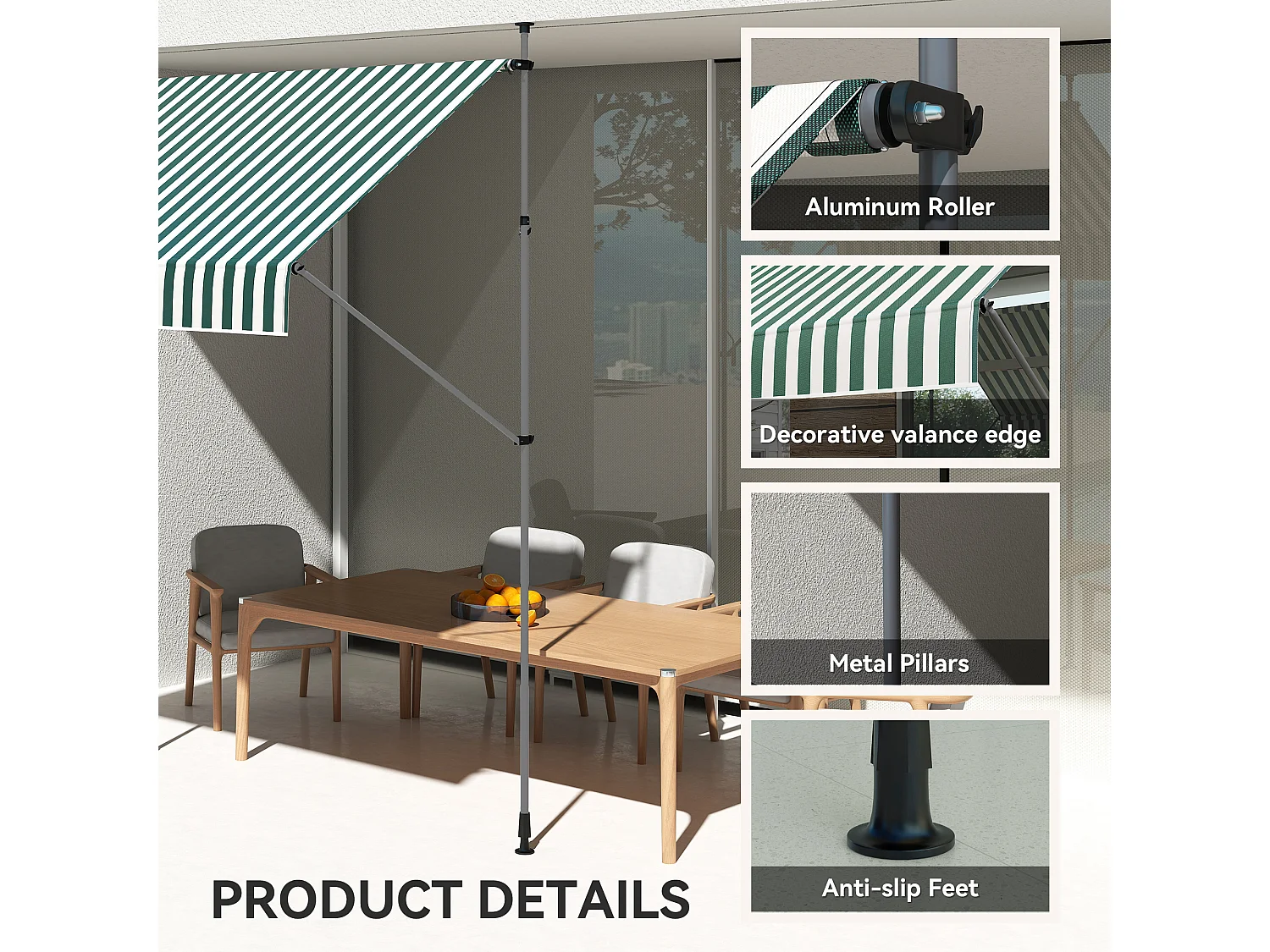 Tenda da sole con supporti regolabili e manovella verde e bianco