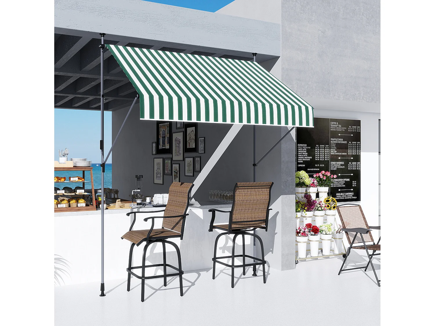 Tenda da sole con supporti regolabili e manovella verde e bianco