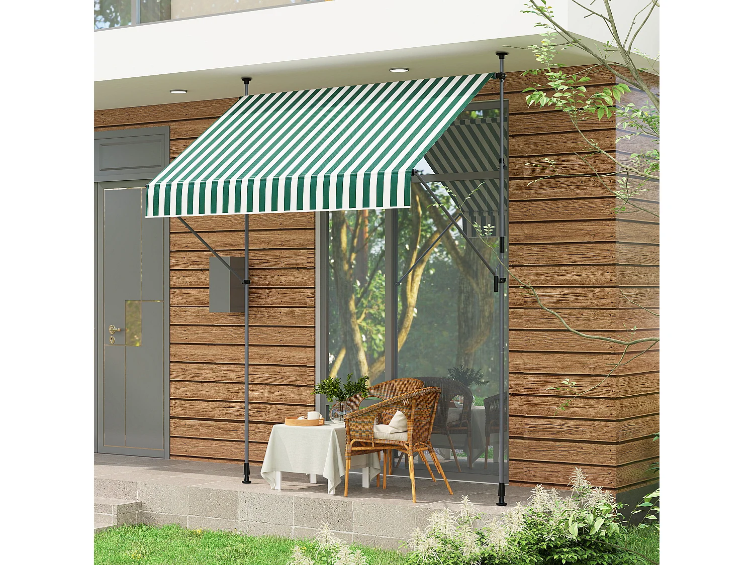 Tenda da sole con supporti regolabili e manovella verde e bianco