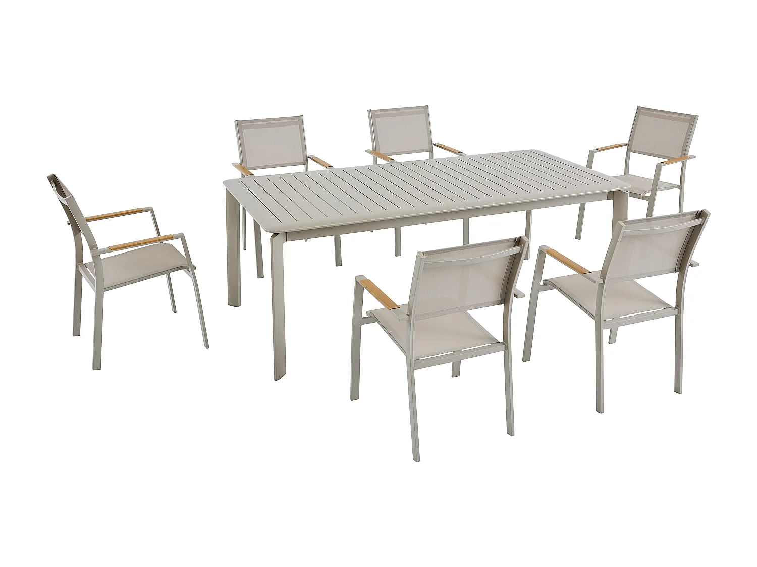 Salle à manger de jardin en aluminium : une table extensible L.205/286.5 cm et 6 fauteuils empilables - Taupe - MACILA de MYLIA
